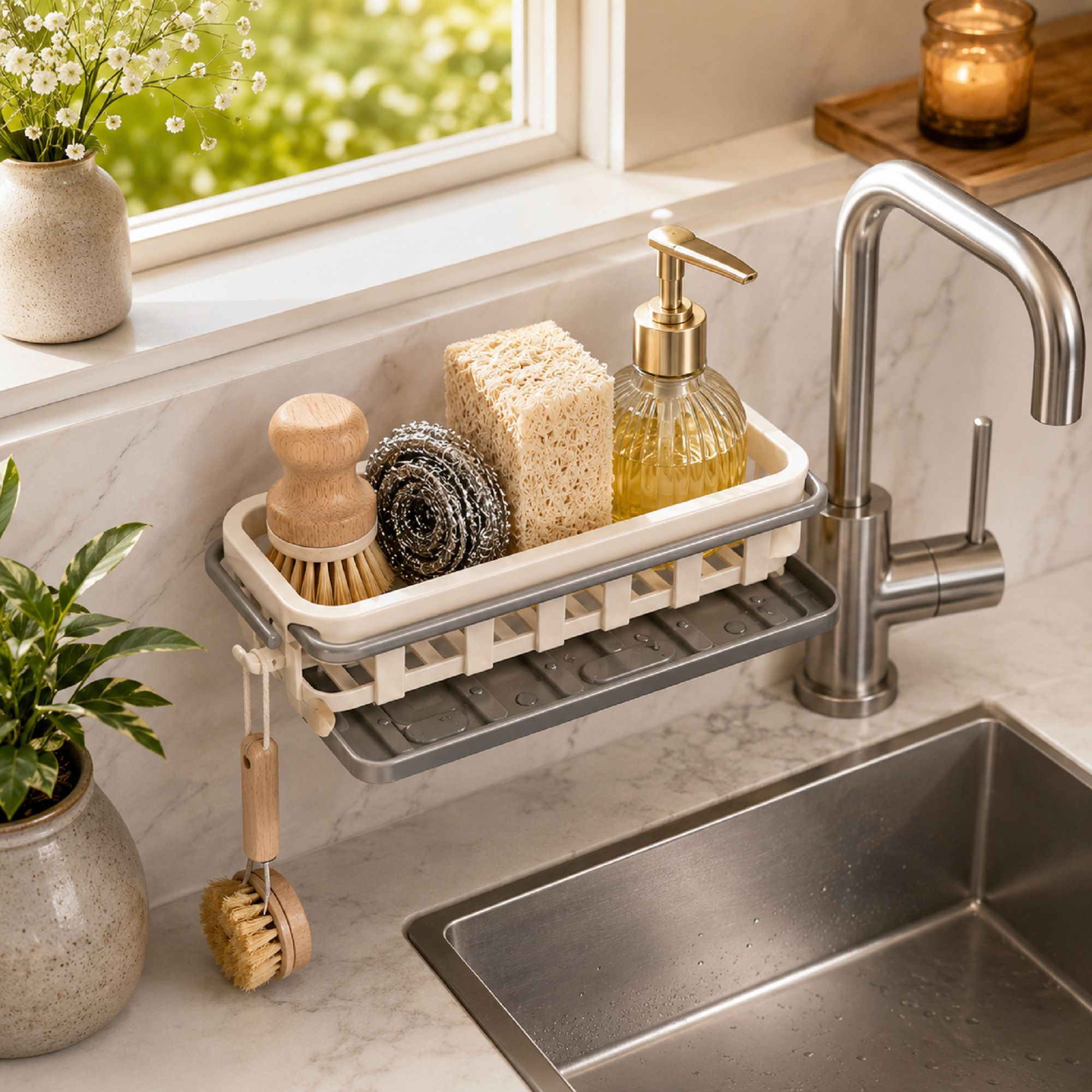 Kitchen Sink Organizer Sponge Holder | Adhesive Wall Stand Without Drilling Bathtub Caddy-image-16