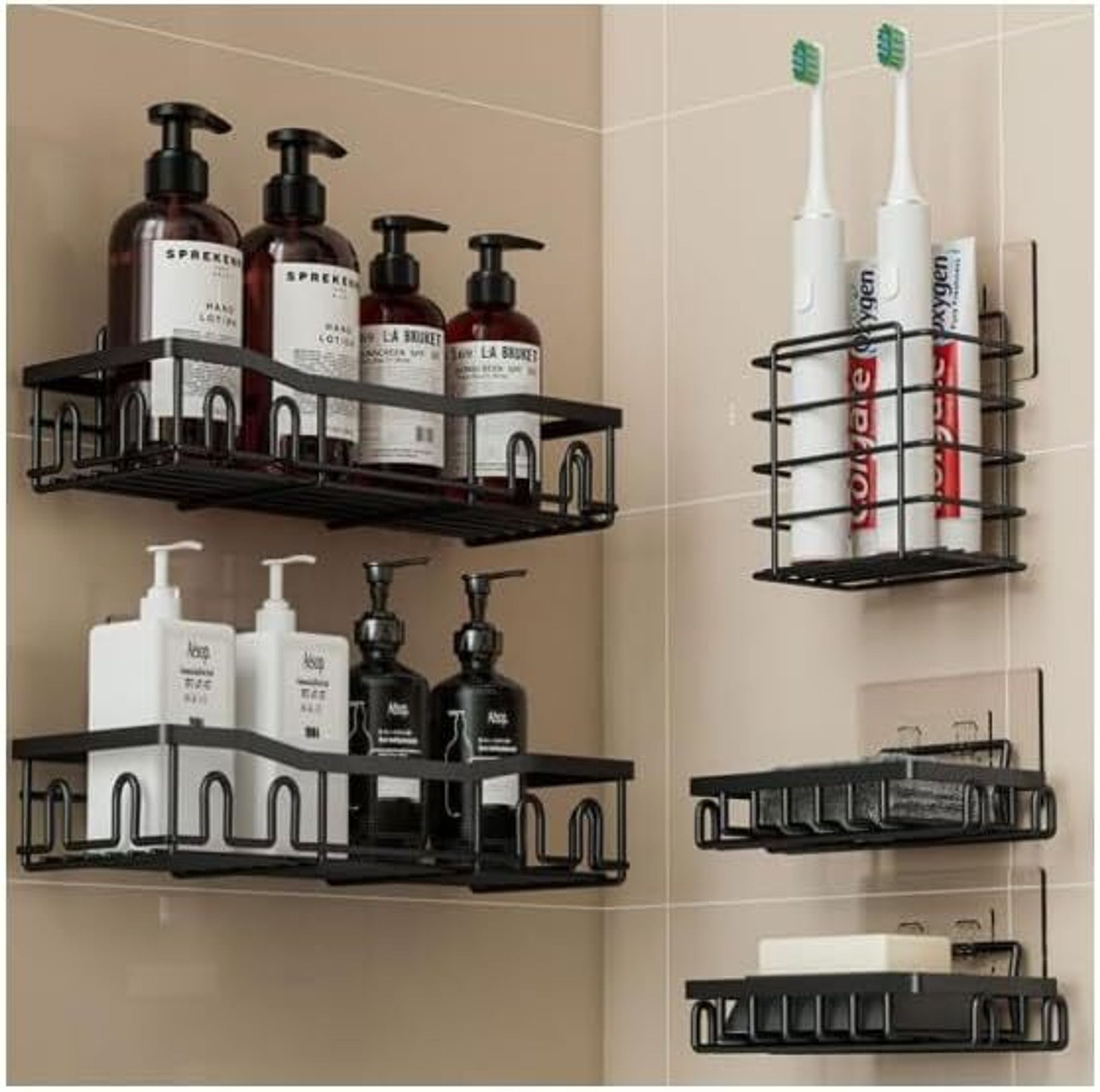 voltixa Wall Mounted Bathroom Shelf Set of 5 | Metal Shower Caddy Corner Rack Bathtub Caddy-picture-1
