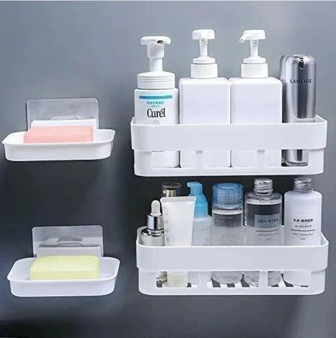 shaktijen enterprise Pack of 2 Wall Mount Bathroom Shelf and 2 Soap Rack for Home and Kitchen Bathtub Caddy-picture-24
