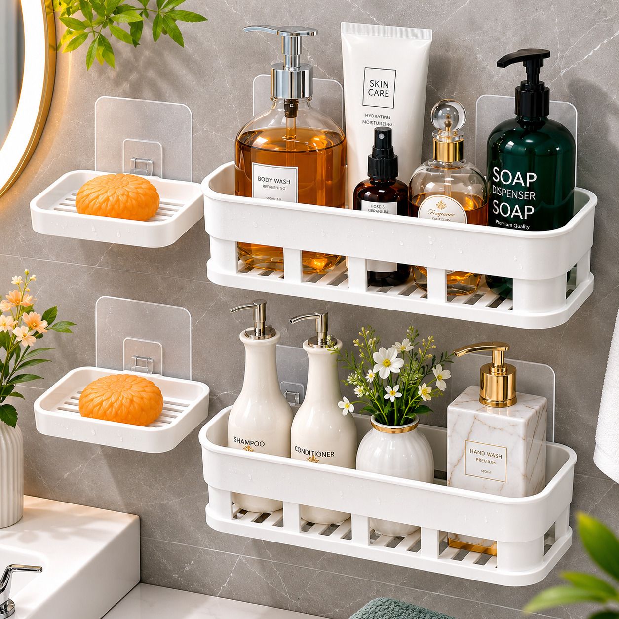 aurethcasa Wall Mounted Bathroom Organizer Rack & Soap Dish Combo Set (Pack of 4) Bathtub Caddy-picture-21