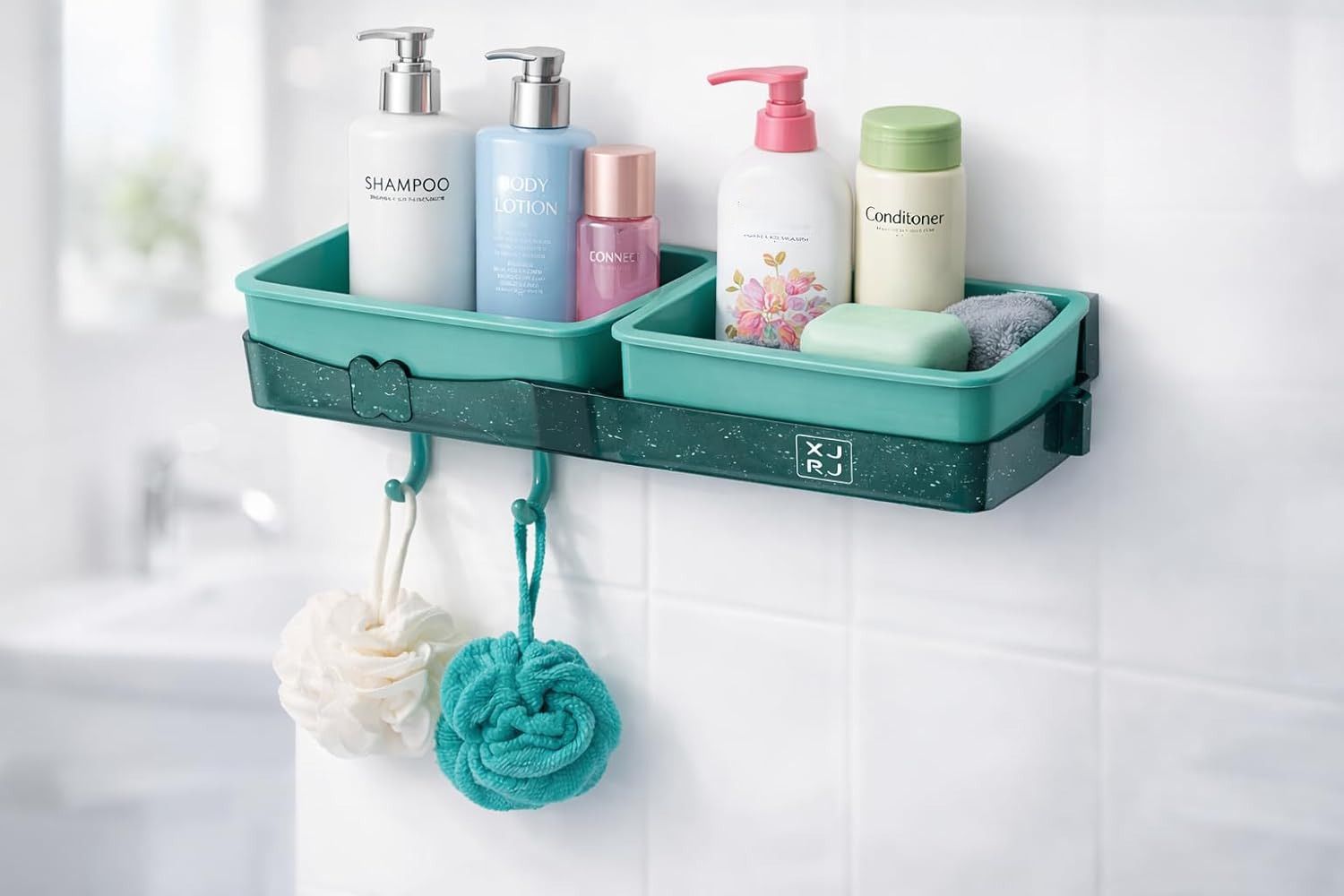 Wall-Mounted Bathroom Shelf with Hooks No-Drill Dual Compartment Bathtub Caddy-image-17