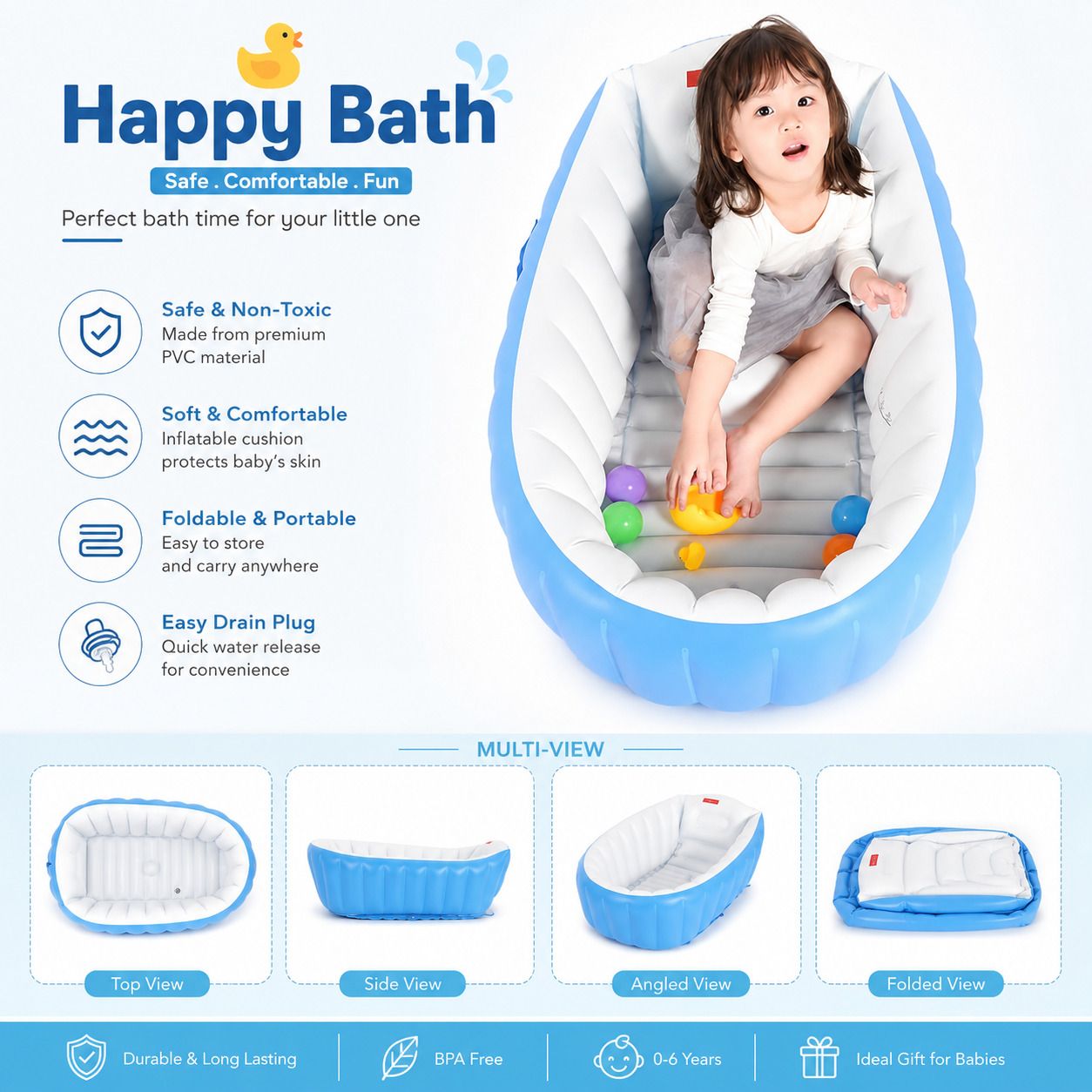 Safe Bath Tub for toddler Baby Bath Tub Blue Free-standing Bathtub