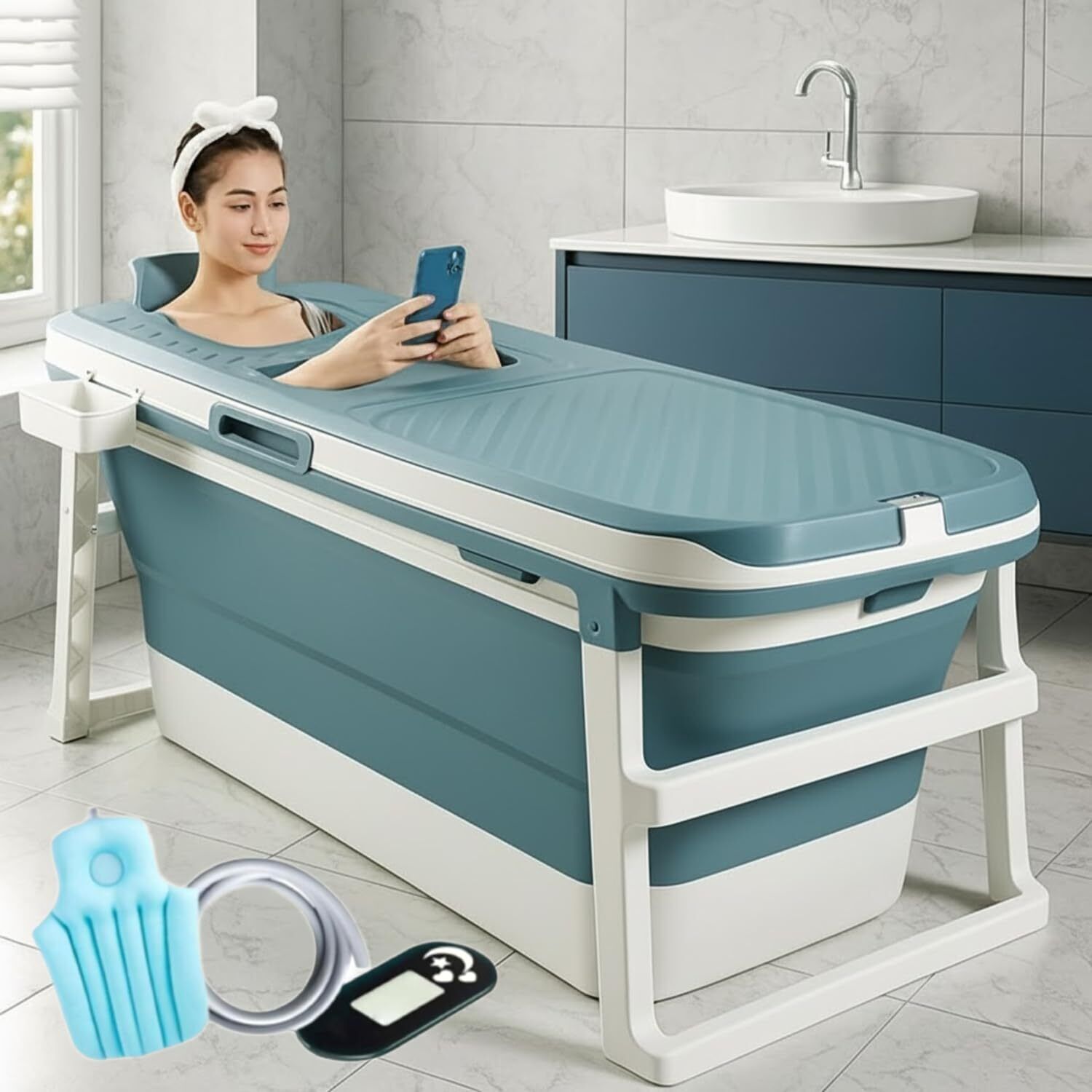 Foldable Bath Tub For Bathroom With Hand Hole & Temperature Sensor 148cm(Blue) Foldable Bath Tub For Bathroom With Hand Hole & Temperature Sensor 148cm(Blue) Free-standing Bathtub-image-41