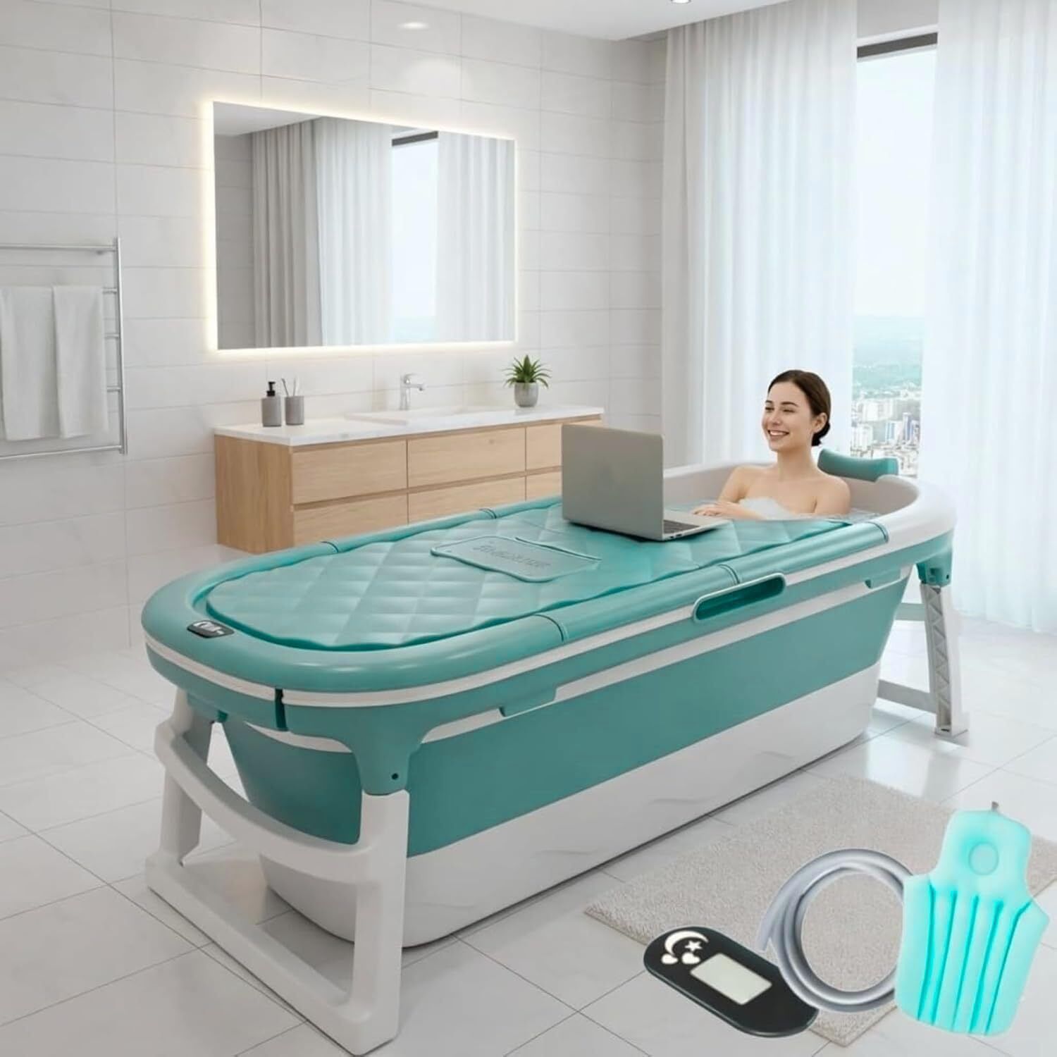 Foldable Bathtub for Adults 148cm Large Portable Bath Tub with Lid, Pillow, Massage Rollers, Spa Tub (Blue) Free-standing Bathtub-image-7