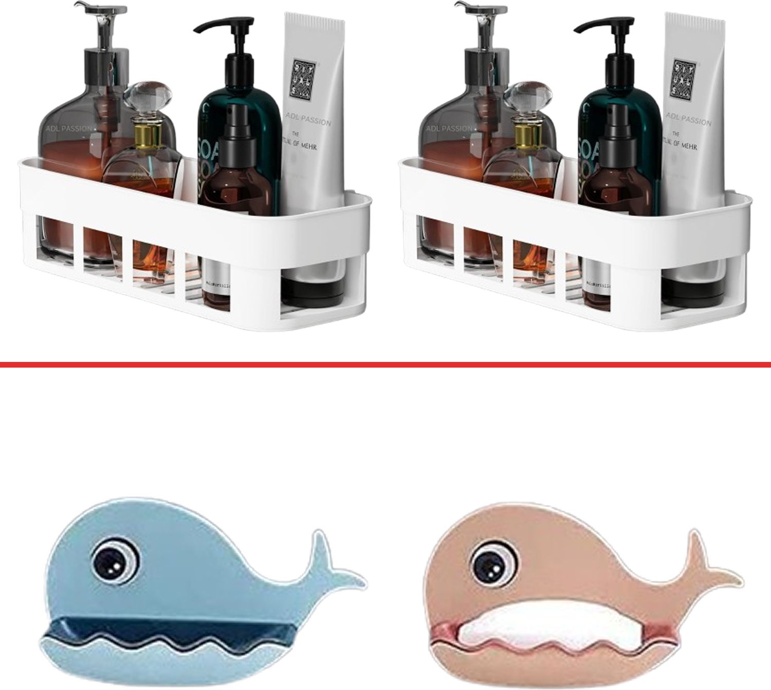 2Bucket-2soapstand Bathroom Organizer Shelf & Whale Soap Holder Bundle – 2 Wall-Mounted Adhesive Shelves + 2 Cute Self-Draining Whale Soap Dishes, Space-Saving Set for Kids, Kitchen & Bathroom Undermount Bathtub-image-5