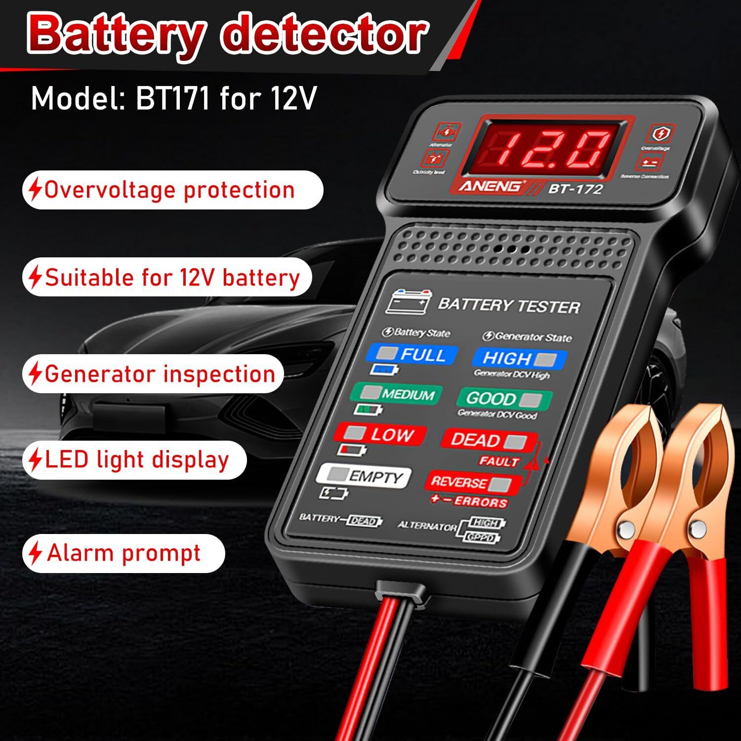 obdking 12V Car Battery Tester LED Display Voltage Checker with Heavy Duty Clips Digital Battery Tester-picture-5