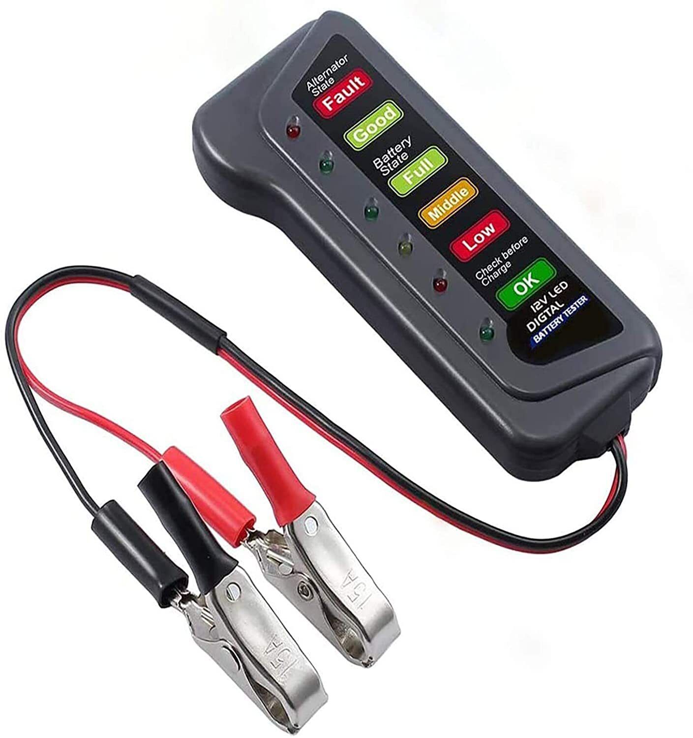 Battery Tester Alternator for Vehicles with 6 LED Lights, Battery Powered, Black Digital Battery Tester