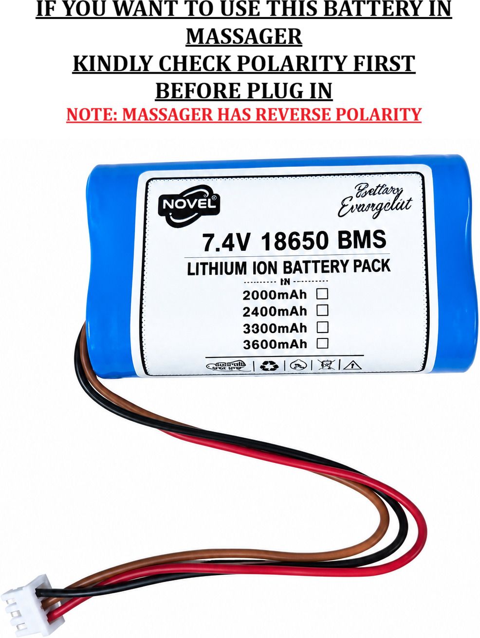 novel 7.4V 2600mAh 18650 Li-ion Rechargeable with BMS & 3-pin JST Connector Battery-picture-3