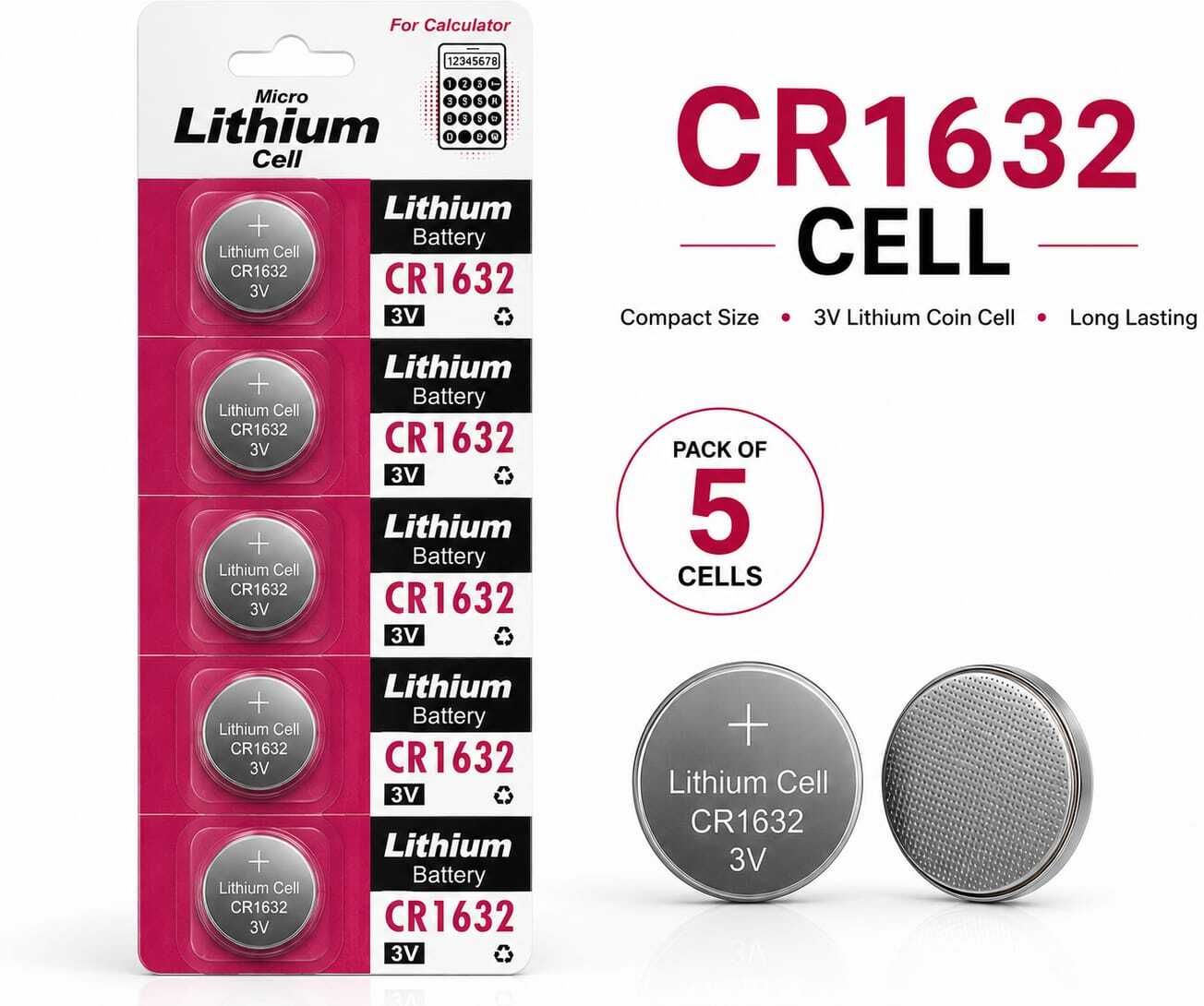 CR1632 3V Lithium Coin Cell for Calculator, Digital Devices (Pack of 5) Battery-image-38