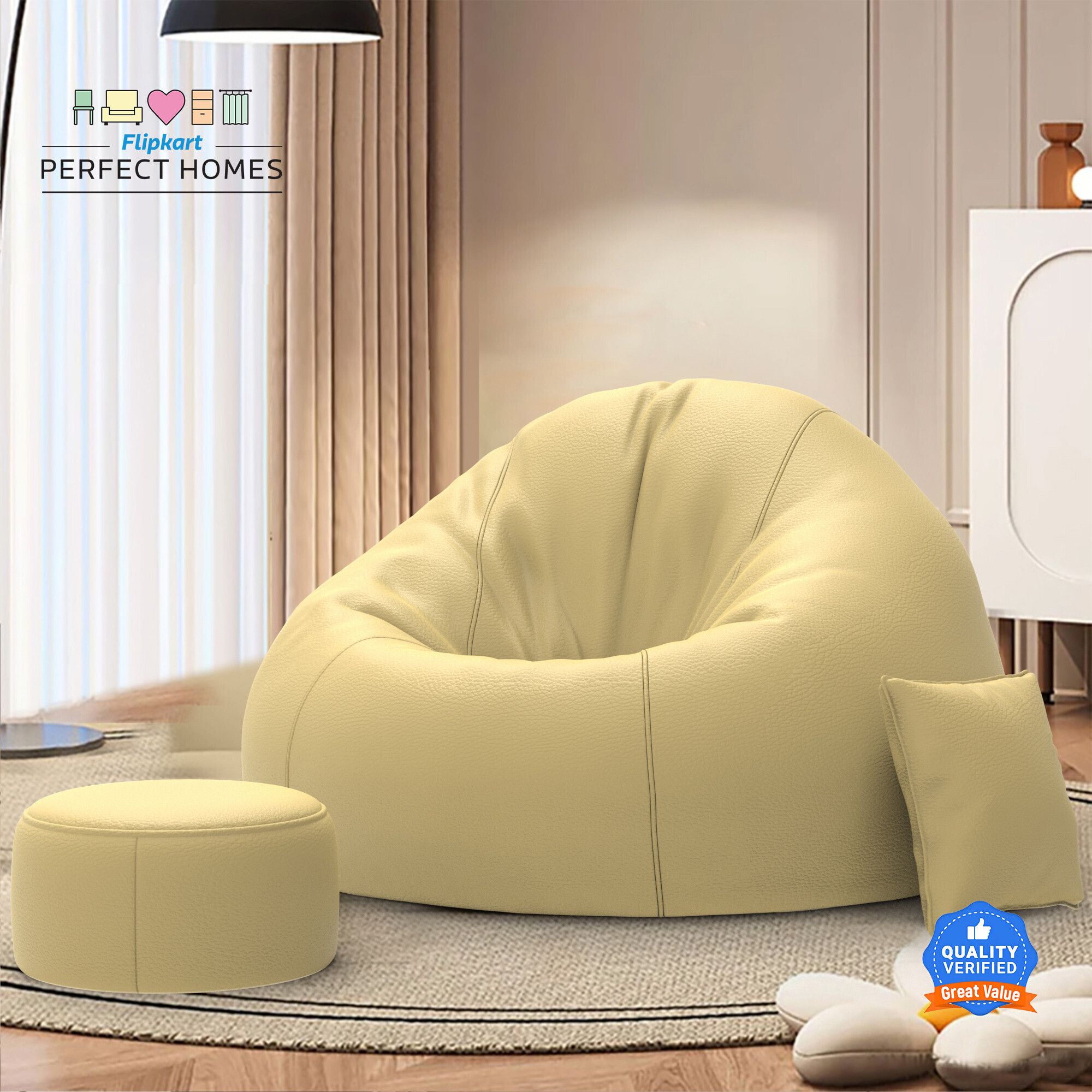 5XL CuddleMist Sofa With Free Cushion and Puffy , Cream Teardrop Bean Bag With Bean Filling