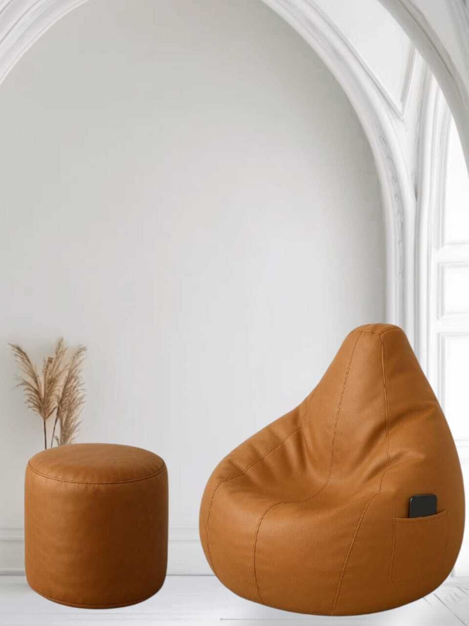 shop 24 care XL Faux Leather Bean Bag Chair Set with Matching Footrest Bean Bag Sofa With Bean Filling-picture-17