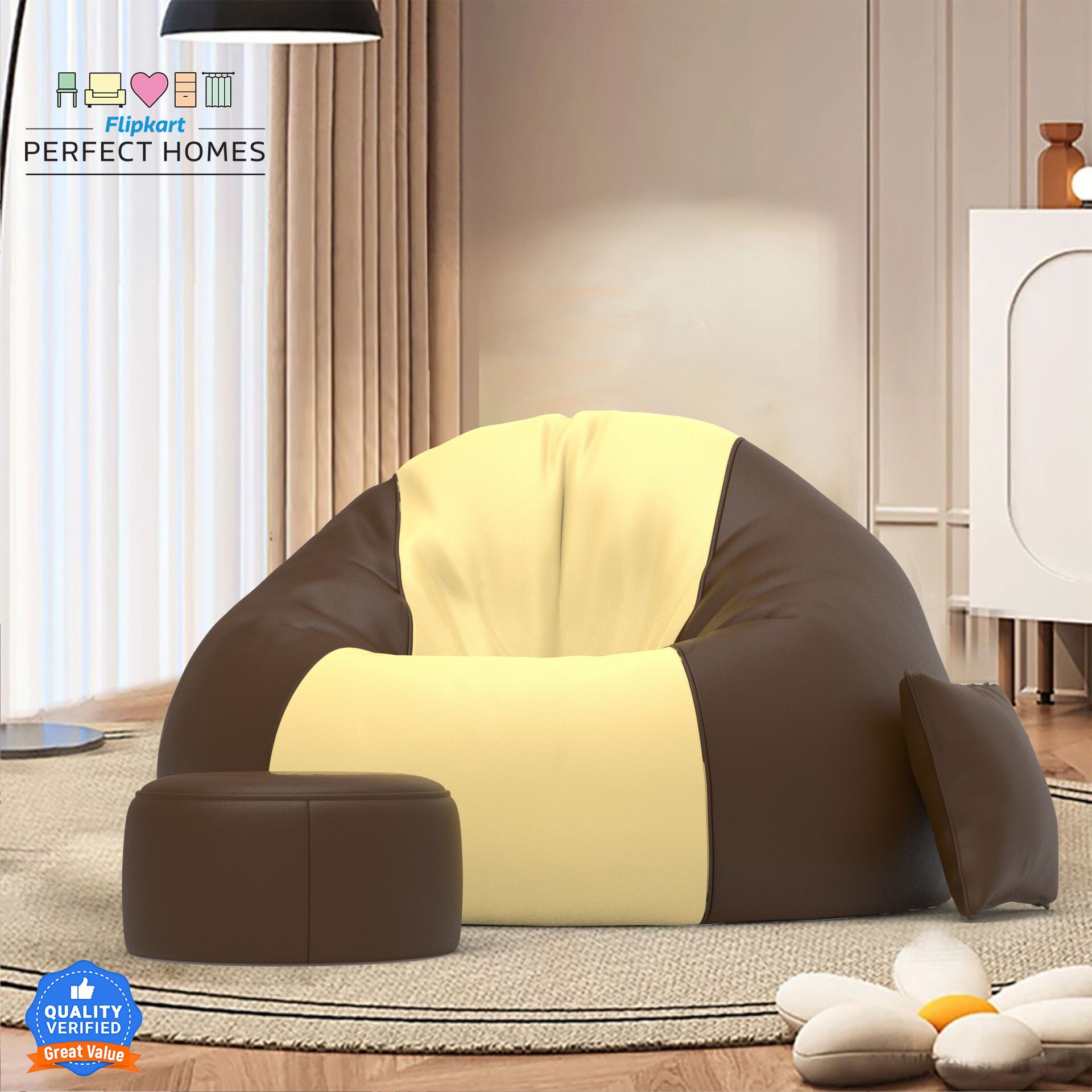 4XL FluffCloud Sofa With Free Cushion and Puffy , Cream::Brown Teardrop Bean Bag With Bean Filling