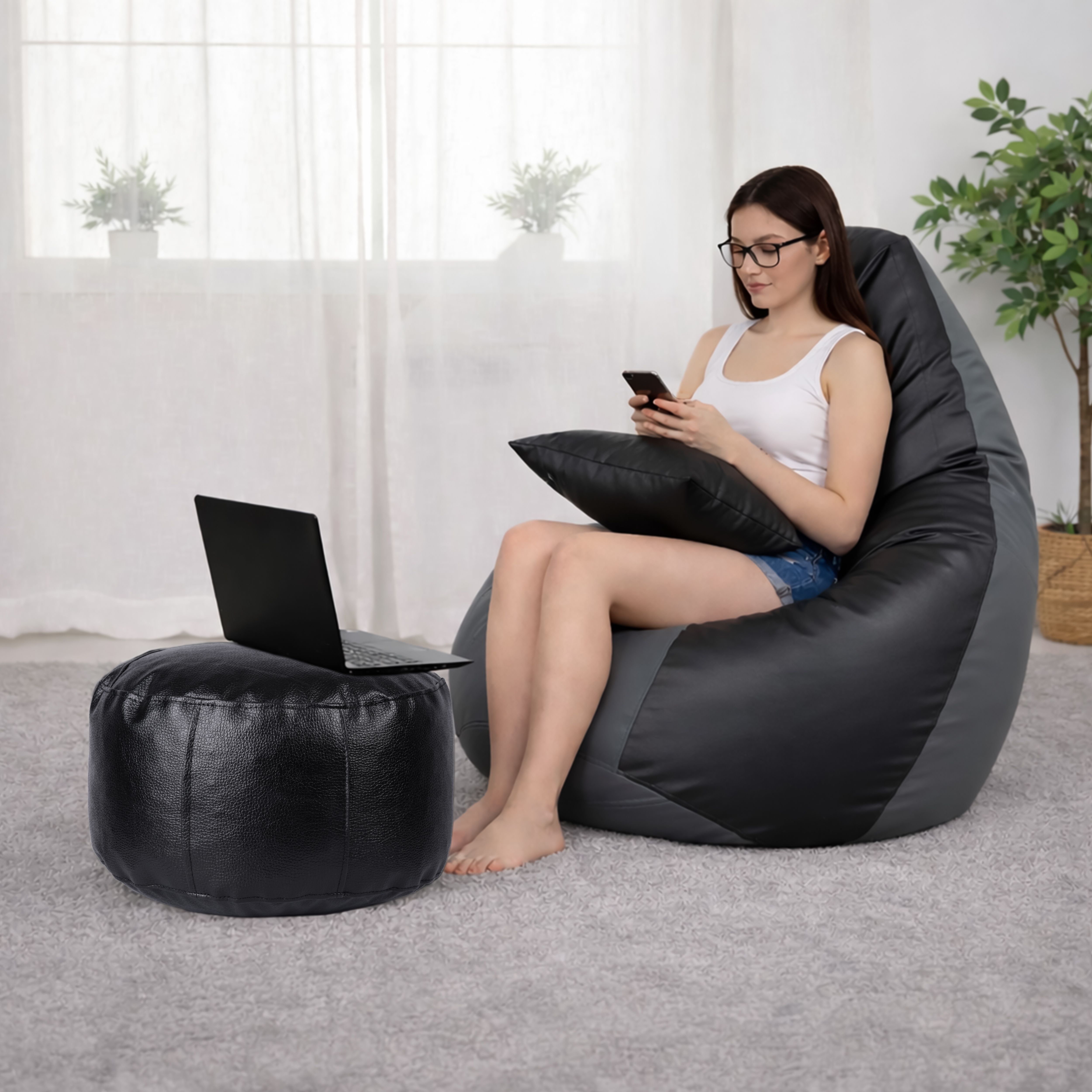 flipkart perfect homes studio Jumbo Bean Bag with Footstool & Cushion | Faux Leather Teardrop Bean Bag With Bean Filling-picture-34