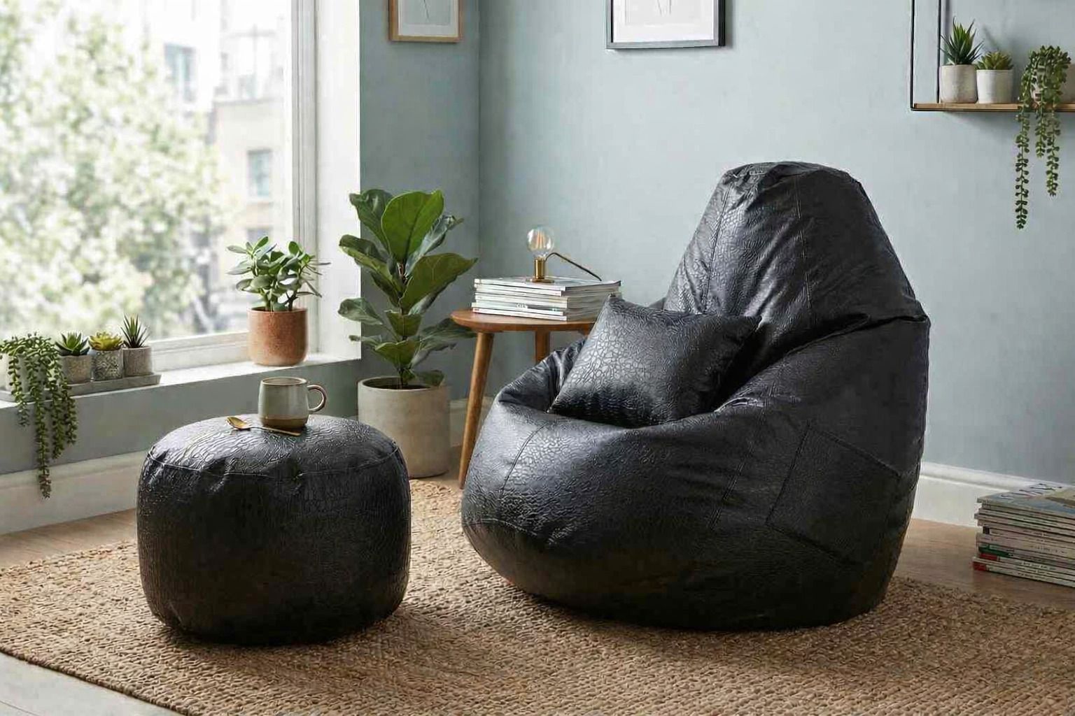 flipkart perfect homes studio XXXL Bean Bag with Footstool, Cushion and Crocodile Texture Design | Faux Leather Teardrop Bean Bag-picture-4