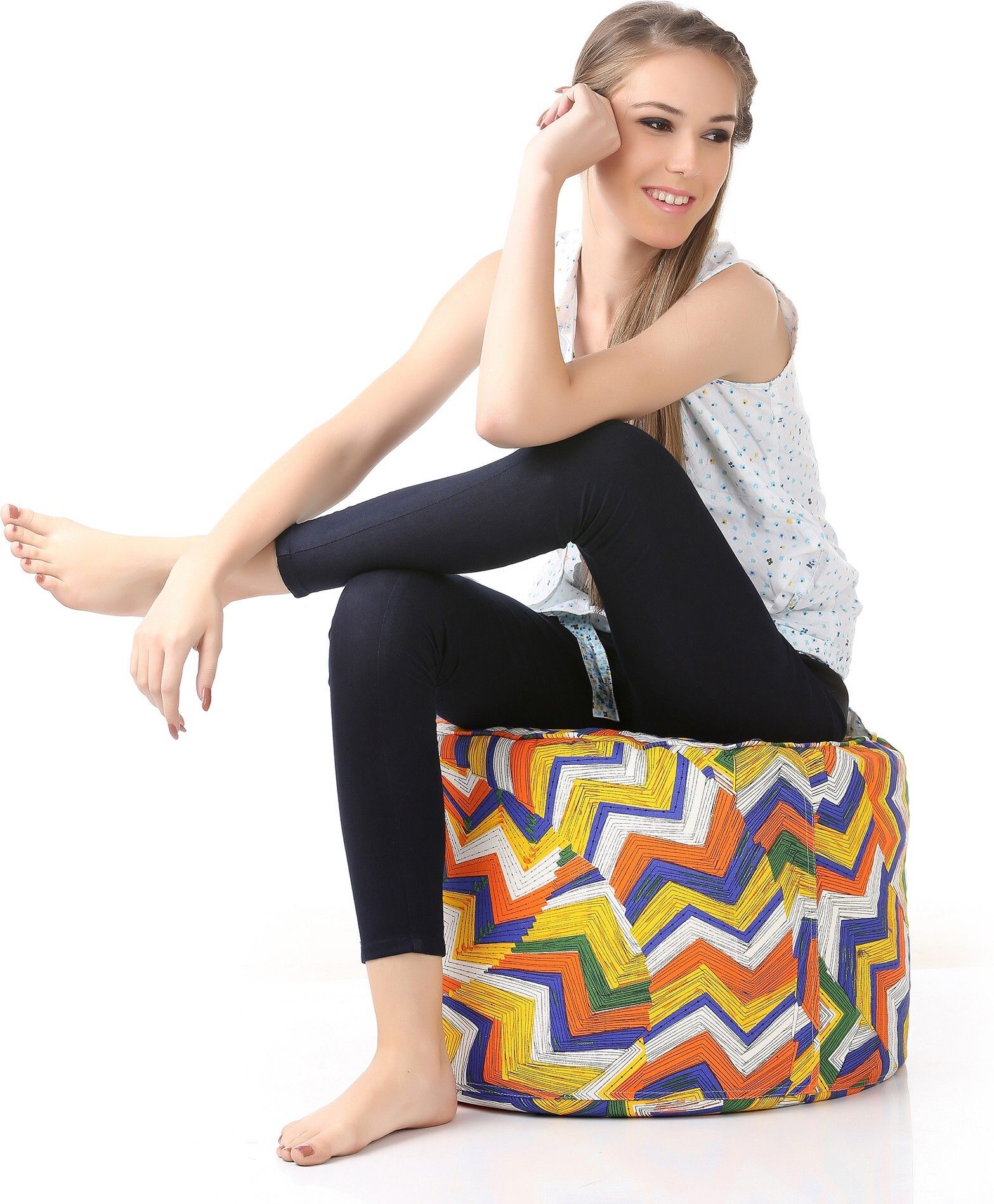 Large Round Cotton Canvas Geometric Printed Ottoman Bean Bag Footstool With Bean Filling-image-4
