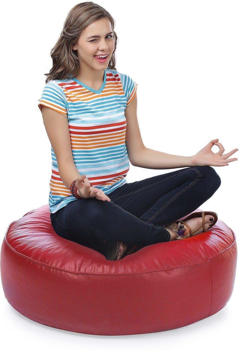 XXL Premium Leatherette Classic Round Floor Cushion Bean Bag Footstool With Bean Filling-image-2