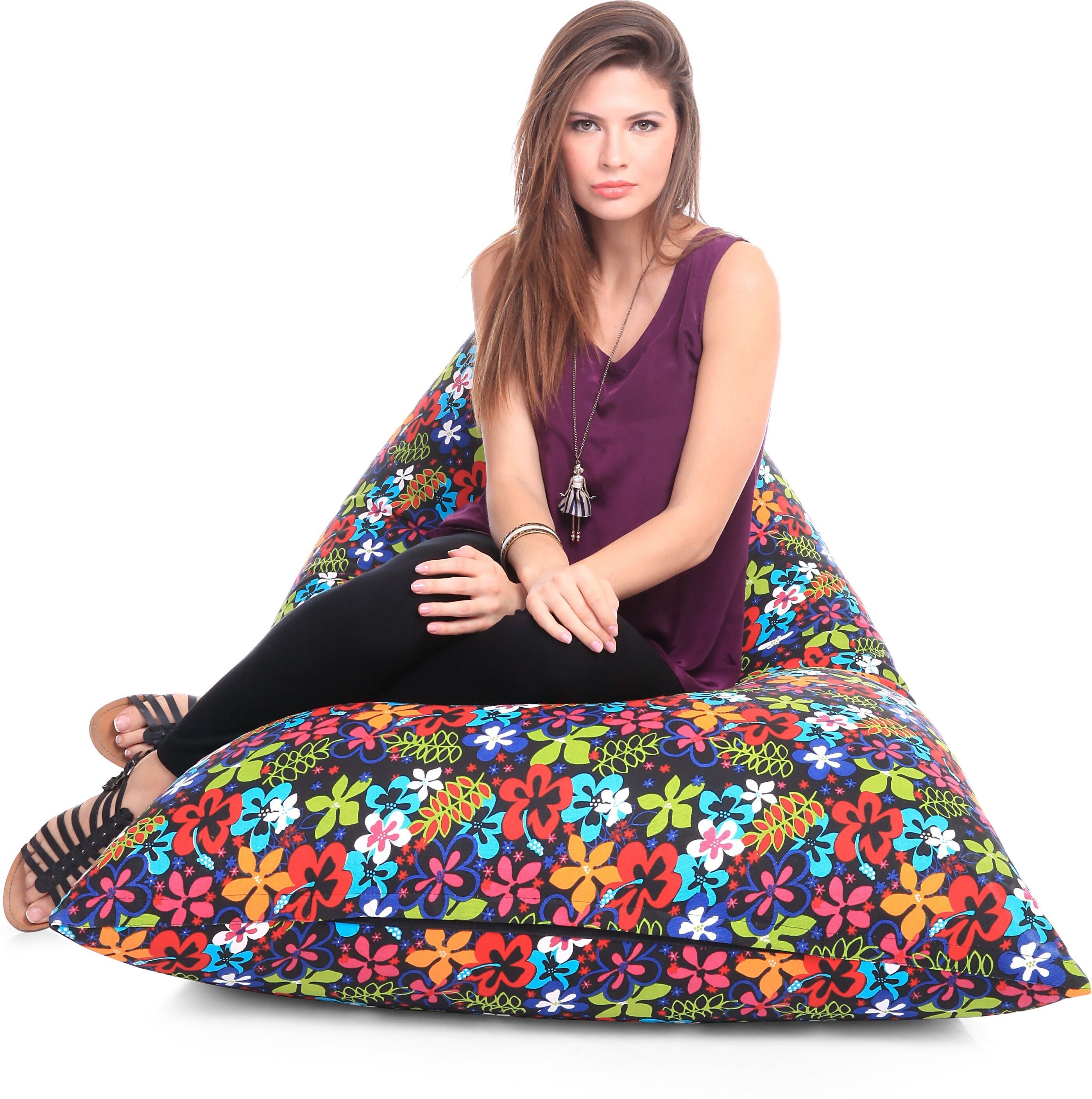 XXL Pyramid Cotton Canvas Floral Printed Lounger Bean Bag With Bean Filling-image-36