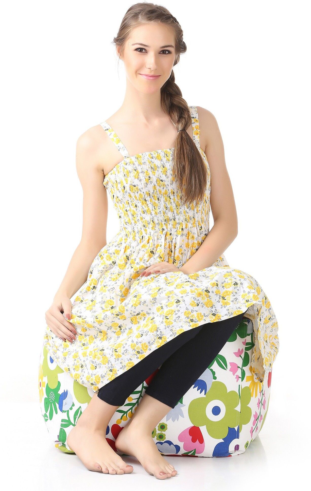 Large Square Cotton Canvas Floral Printed Ottoman Bean Bag Footstool With Bean Filling-image-12