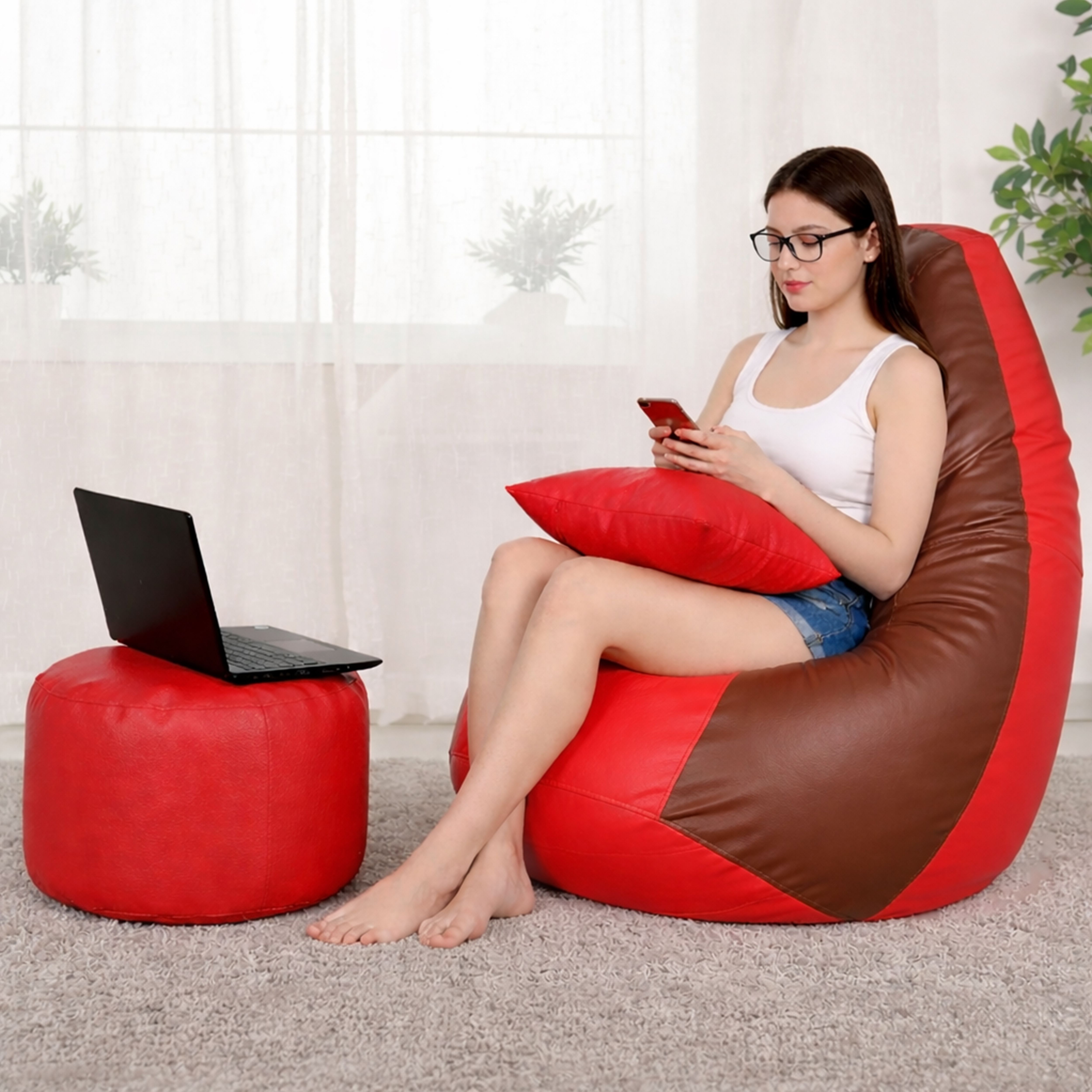 flipkart perfect homes studio XXXL Bean Bag with Footstool & Cushion | Faux Leather Teardrop Bean Bag With Bean Filling-picture-7