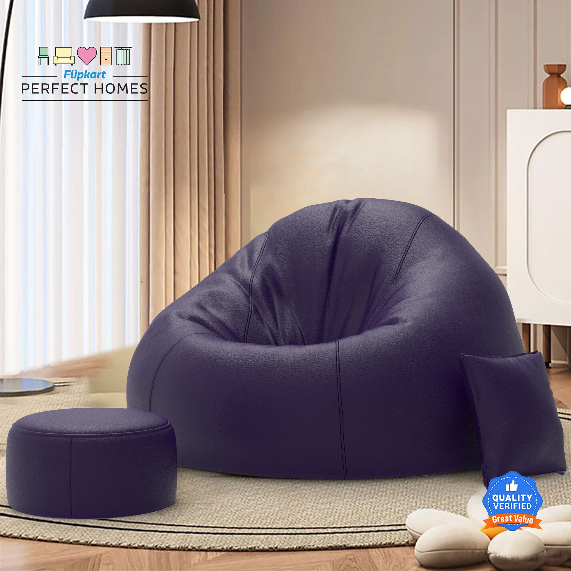 4XL CuddleMist Sofa With Free Cushion and Puffy , Indigo Teardrop Bean Bag With Bean Filling