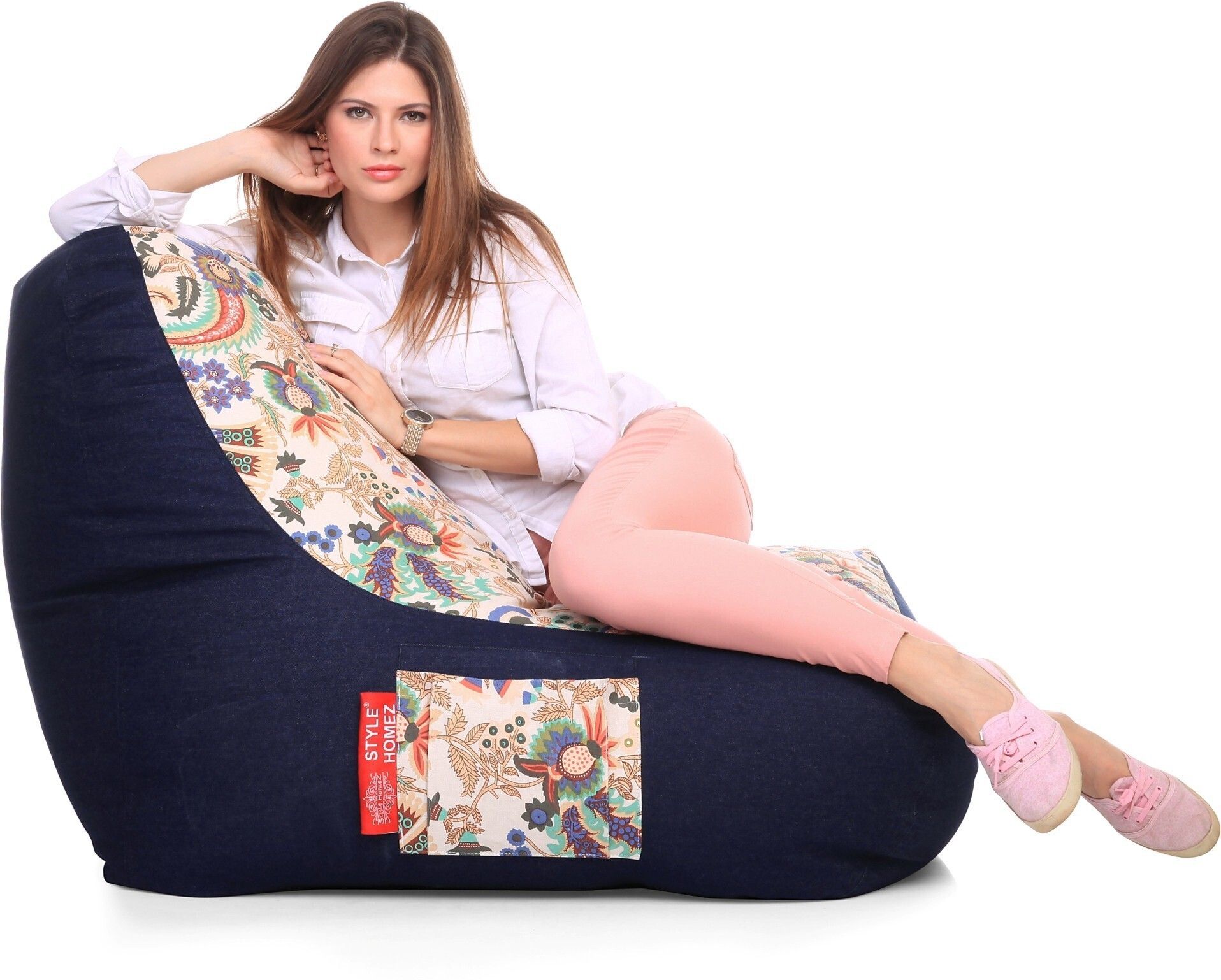 XXL Urban Design Denim Canvas Floral Printed Lounger Bean Bag With Bean Filling-image-40