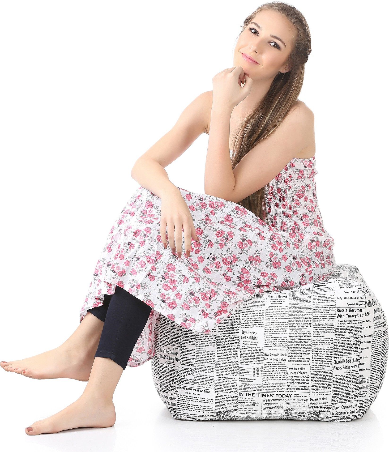 Large Square Cotton Canvas Newspaper Printed Ottoman Bean Bag Footstool With Bean Filling-image-11