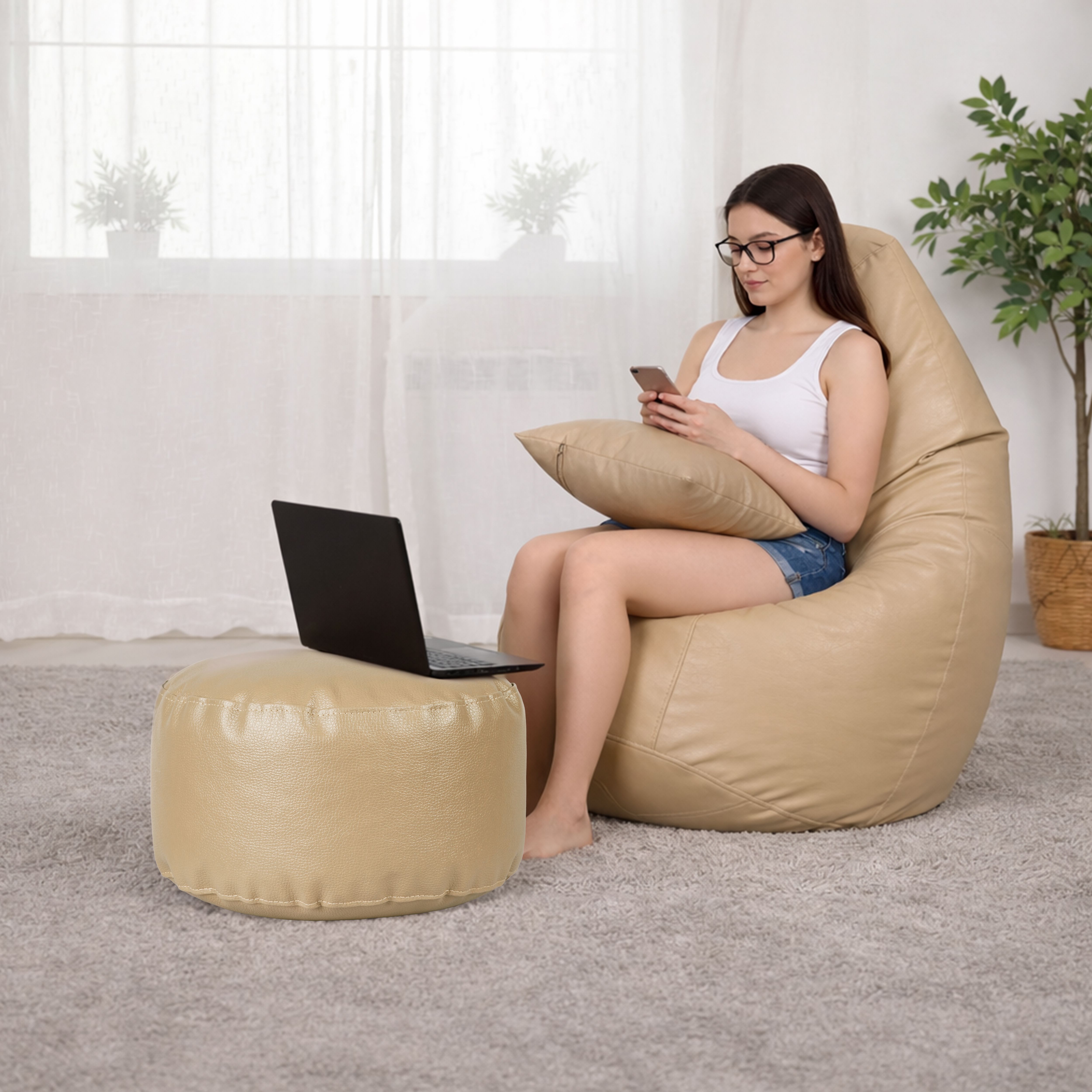 4XL Bean Bag with Footstool & Cushion | Faux Leather Teardrop Bean Bag With Bean Filling-image-46
