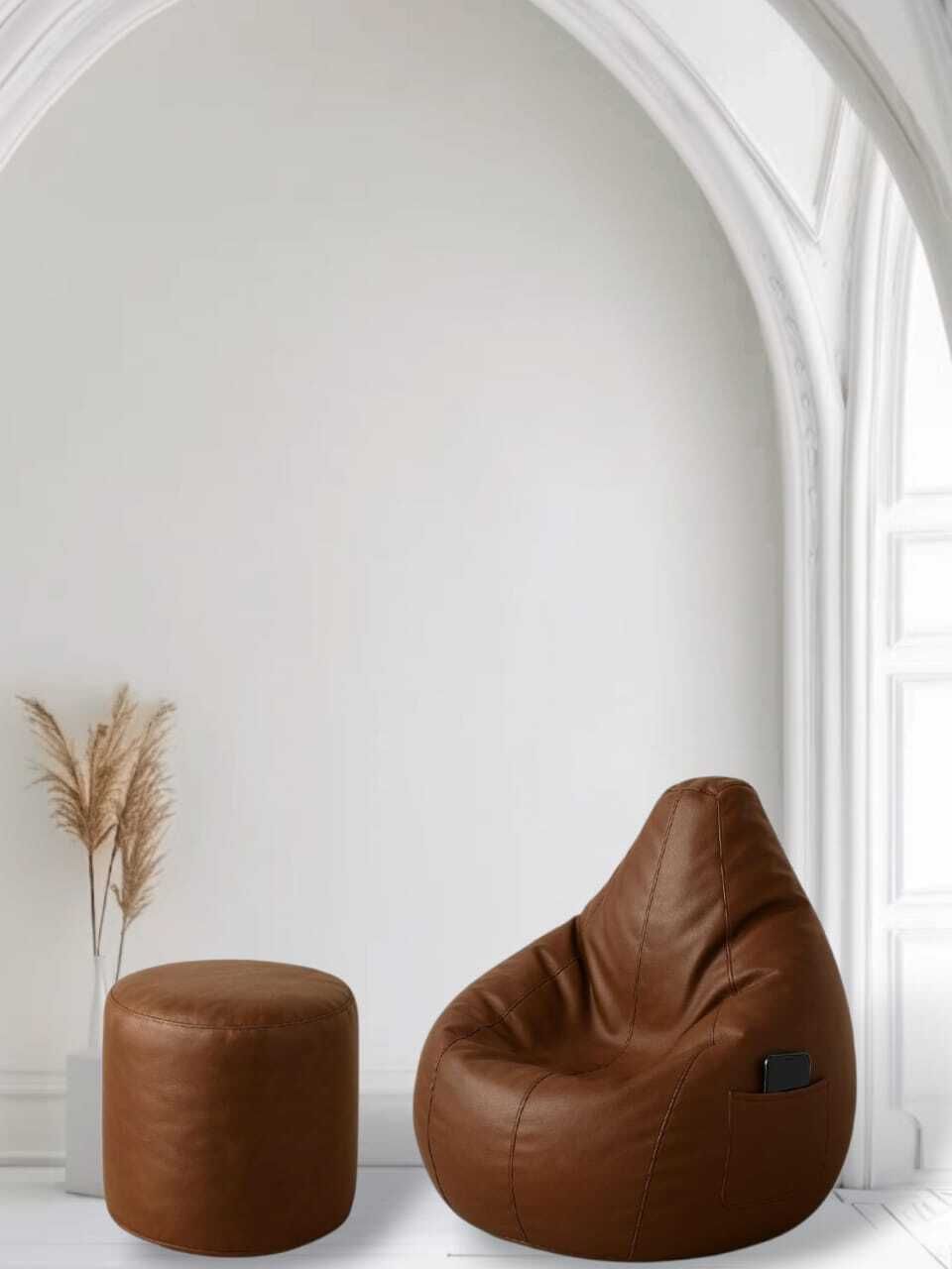 shop 24 care XL Faux Leather Bean Bag Chair Set with Matching Footrest Bean Bag Sofa With Bean Filling-picture-19