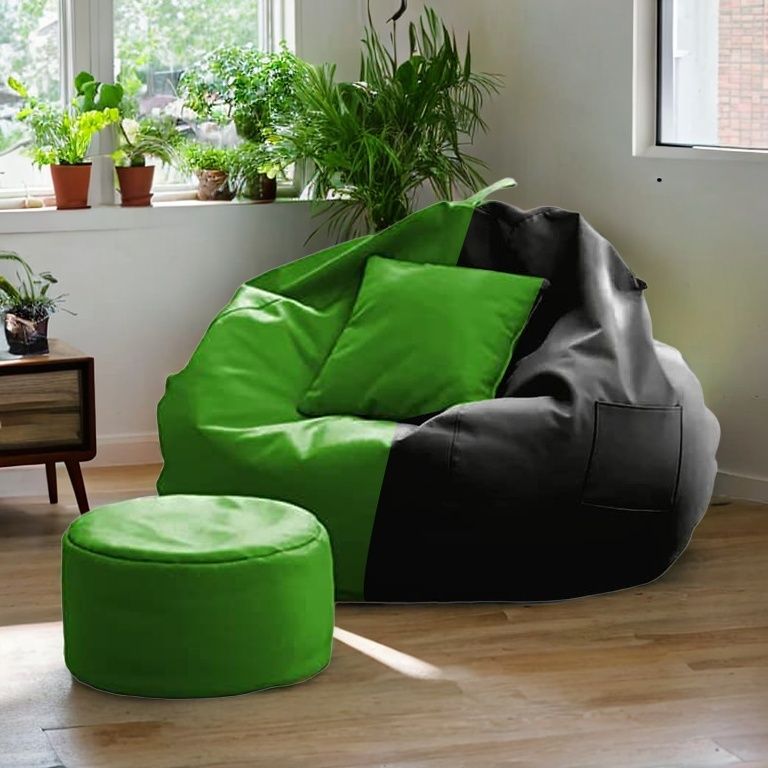 4XL Bean Bag with Footrest & Cushion Ready to Use with Beans ( Green::Black-4XL) Bean Bag SofaWith Bean Filling
