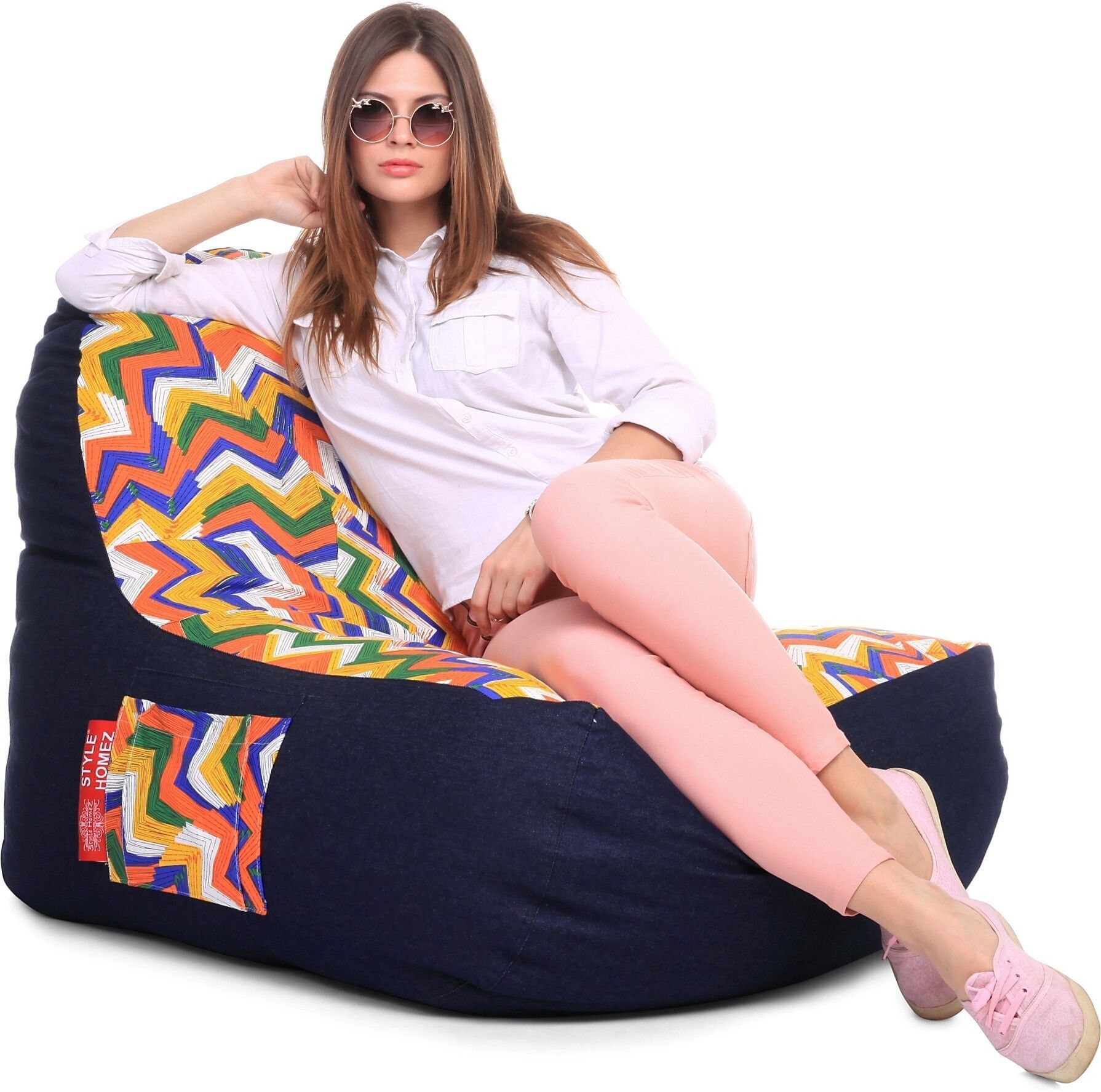 style homez XXL Urban Design Denim Canvas Geometric Printed Lounger Bean Bag With Bean Filling-picture-20