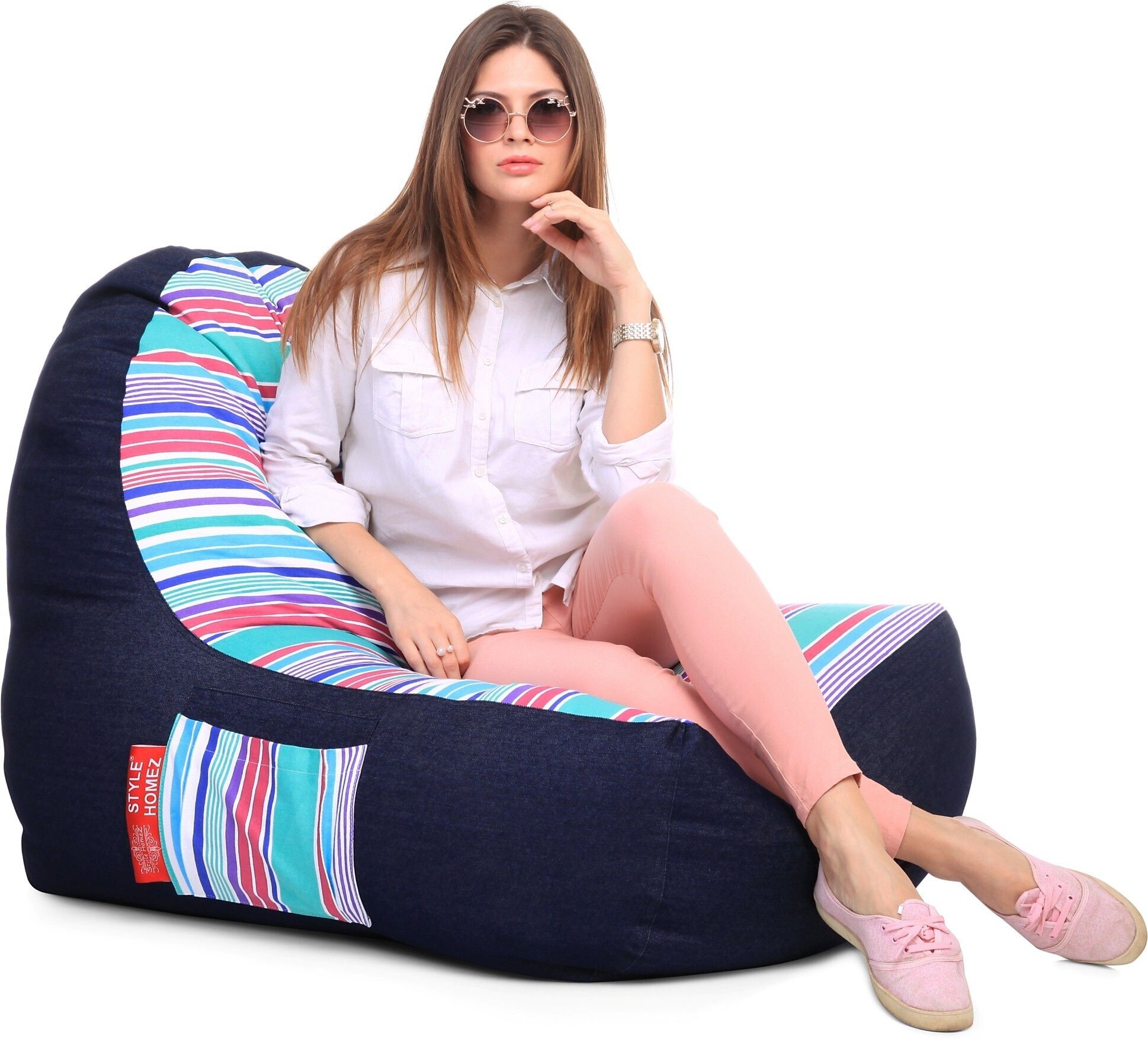 XXL Urban Design Denim Canvas Stripes Printed Lounger Bean Bag With Bean Filling-image-30