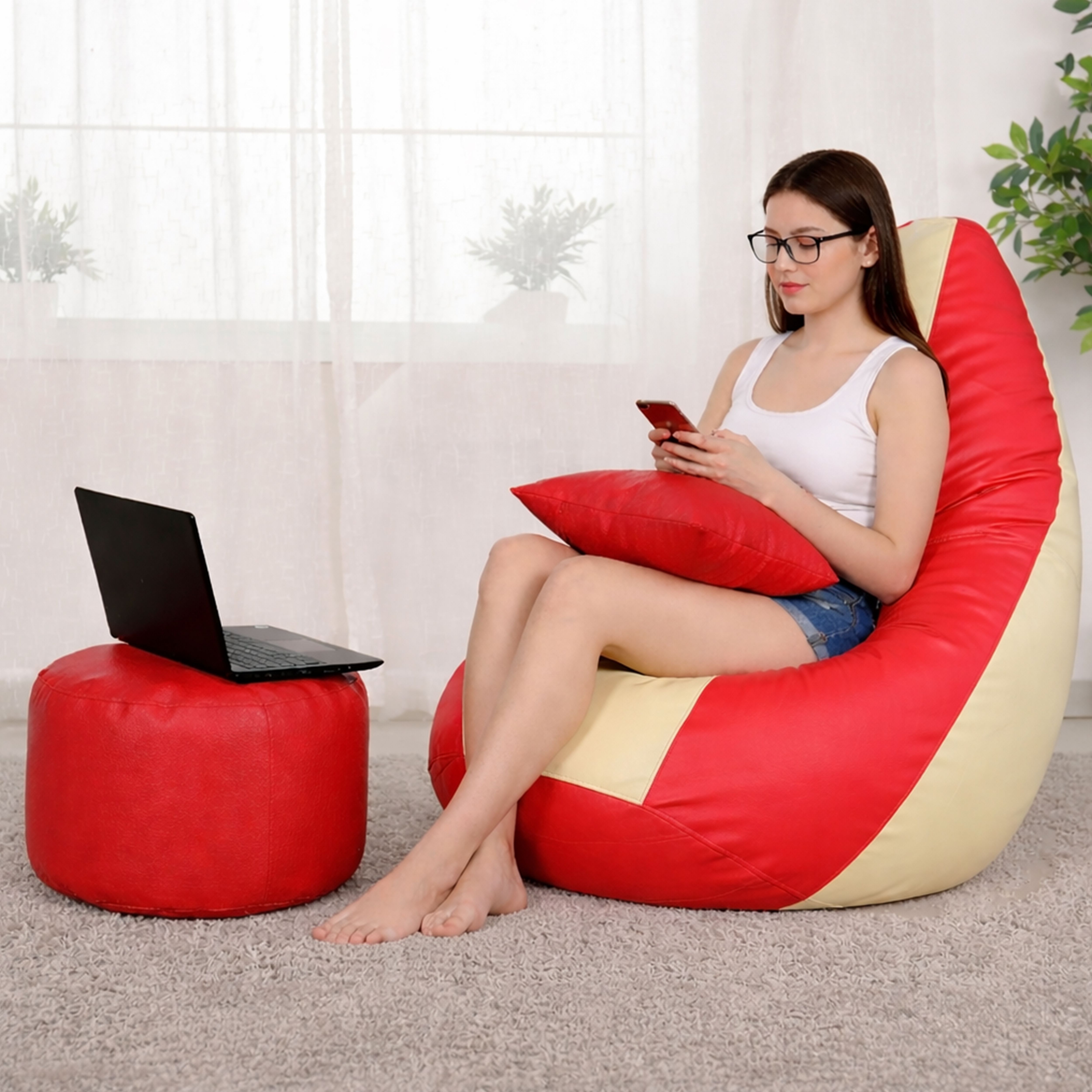 XXXL Bean Bag with Footstool & Cushion | Faux Leather Teardrop Bean Bag With Bean Filling-image-48