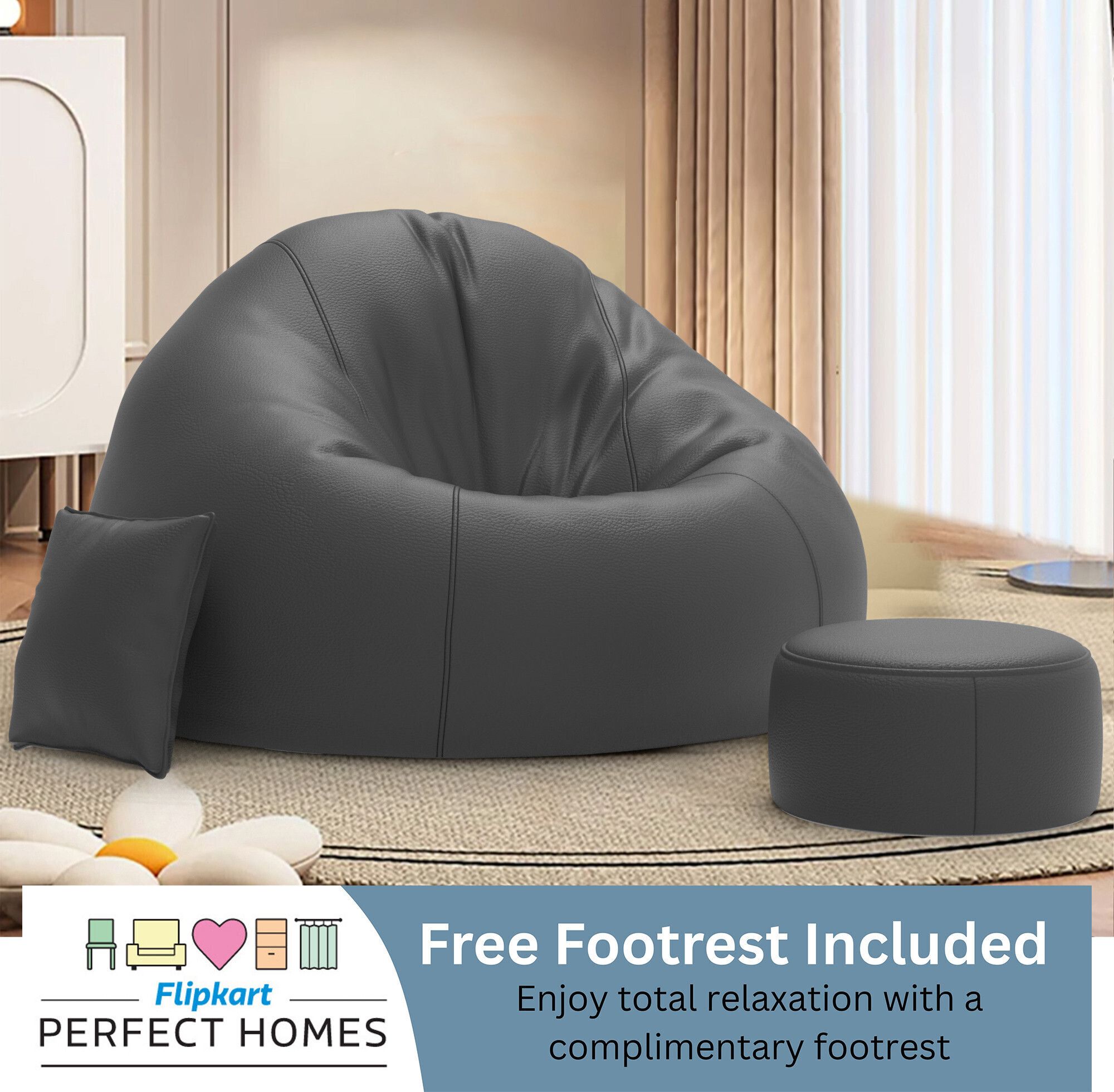 4XL CuddleMist Sofa With Free Cushion and Puffy , Dark-Grey Teardrop Bean Bag With Bean Filling-image-15