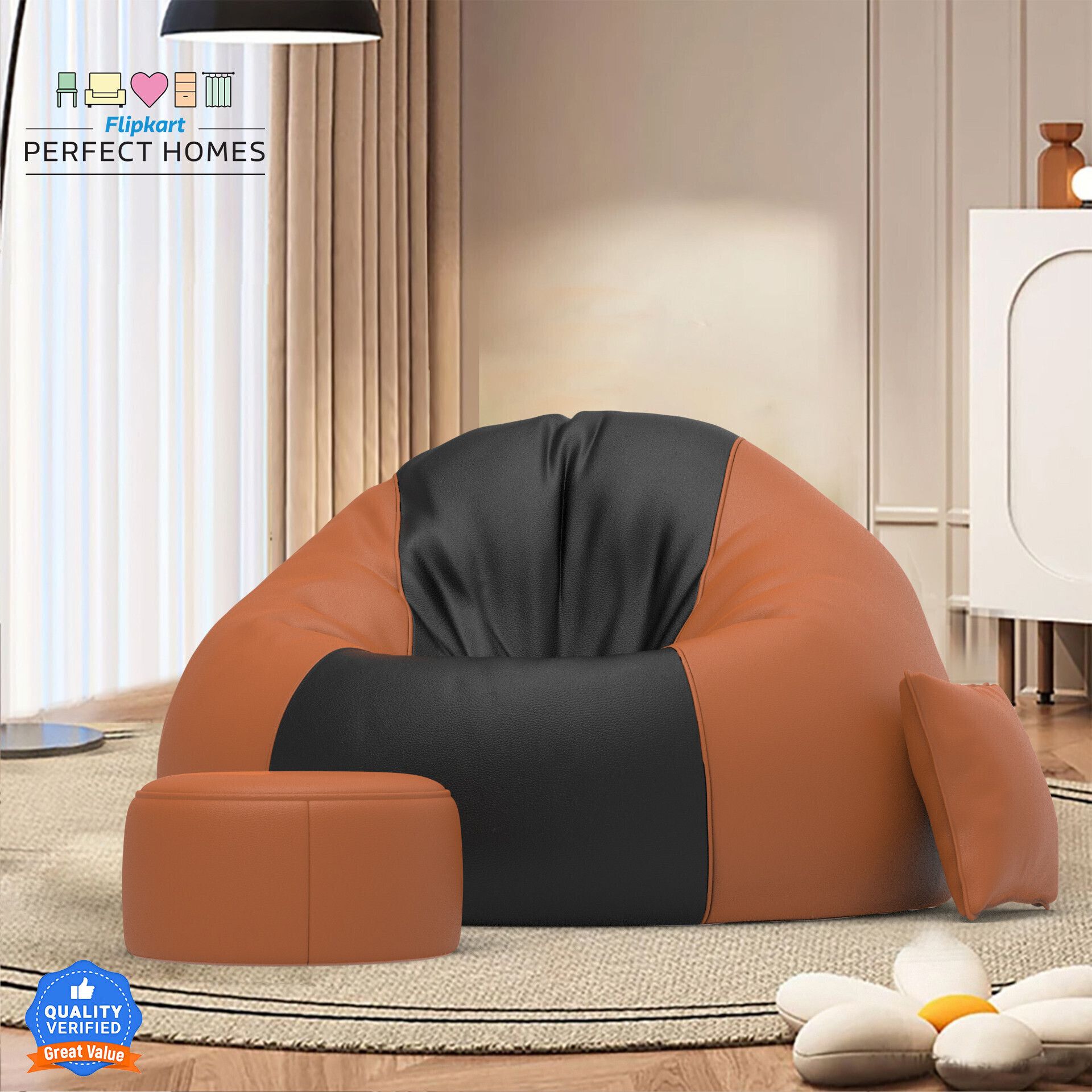 5XL FluffCloud Sofa With Free Cushion and Puffy , Black::Tan-Brown Teardrop Bean Bag With Bean Filling-image-39