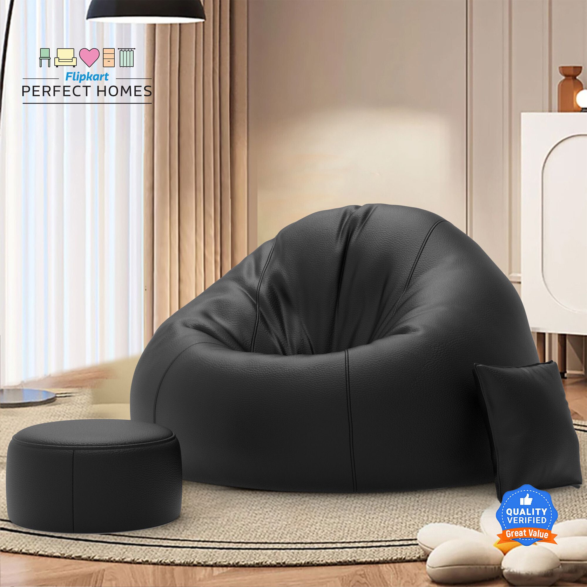 4XL CuddleMist Sofa With Free Cushion and Puffy , Black Teardrop Bean BagWith Bean Filling