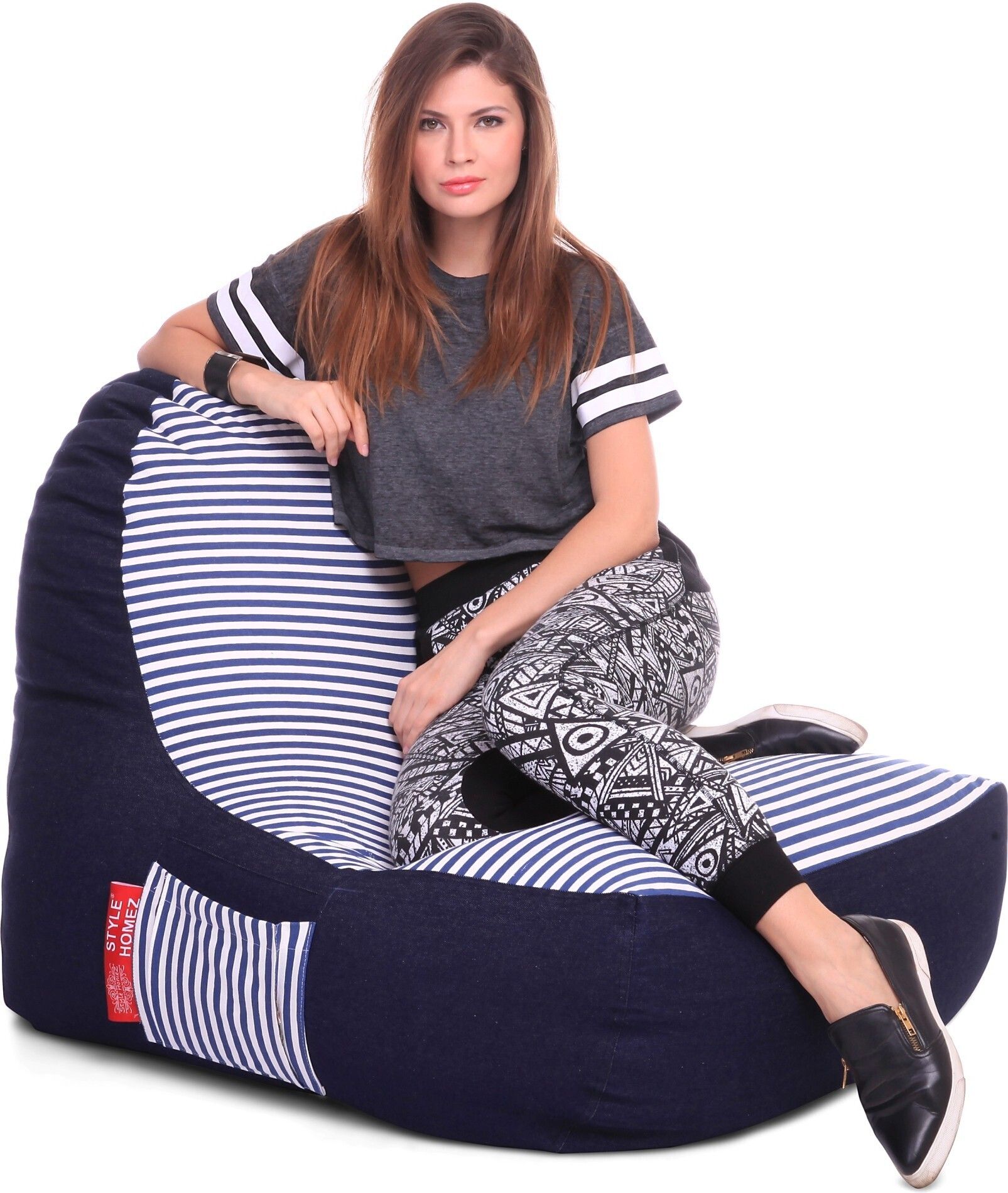XXL Urban Design Denim Canvas Stripes Printed Lounger Bean Bag With Bean Filling-image-29