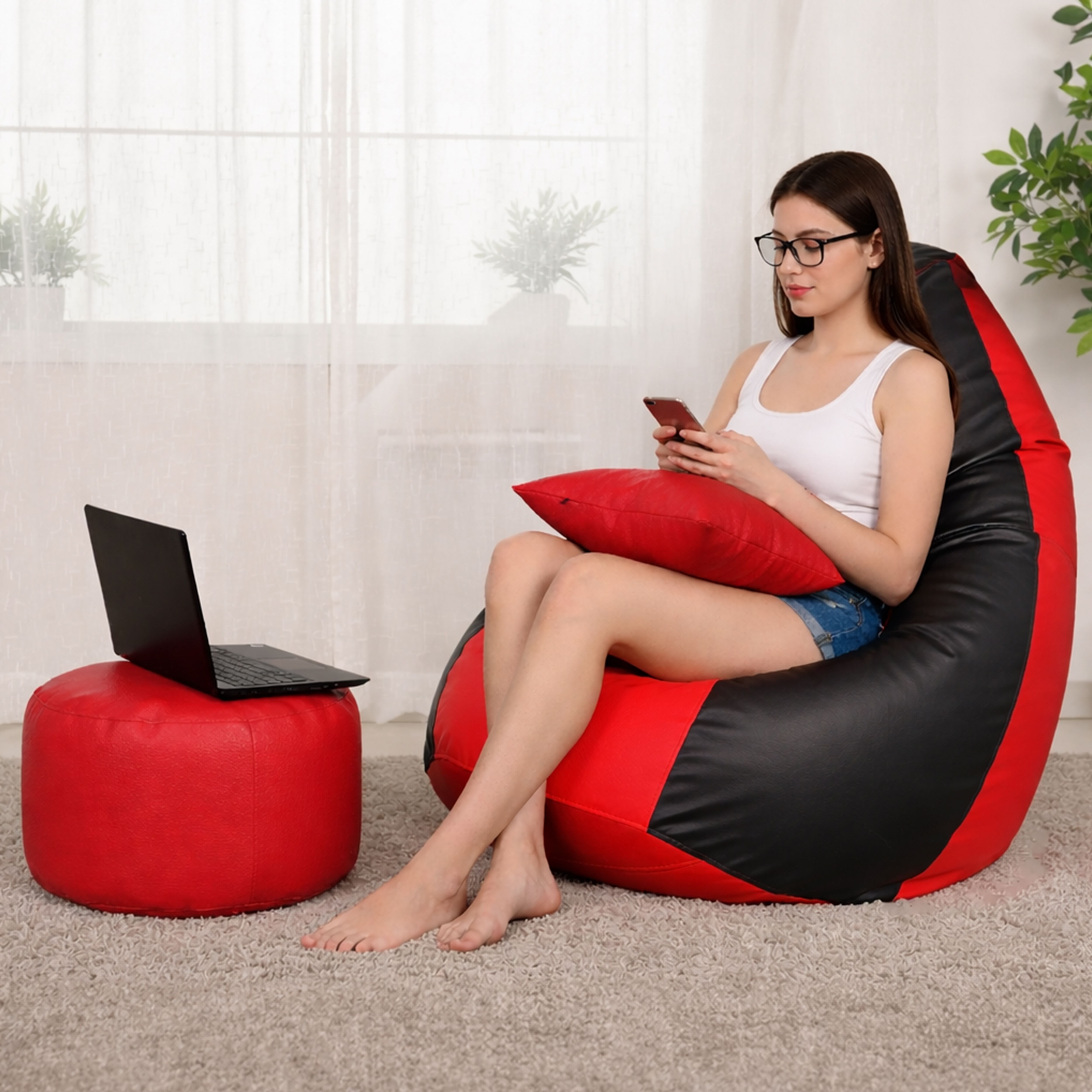 4XL Bean Bag with Footstool & Cushion | Faux Leather Teardrop Bean Bag With Bean Filling-image-45