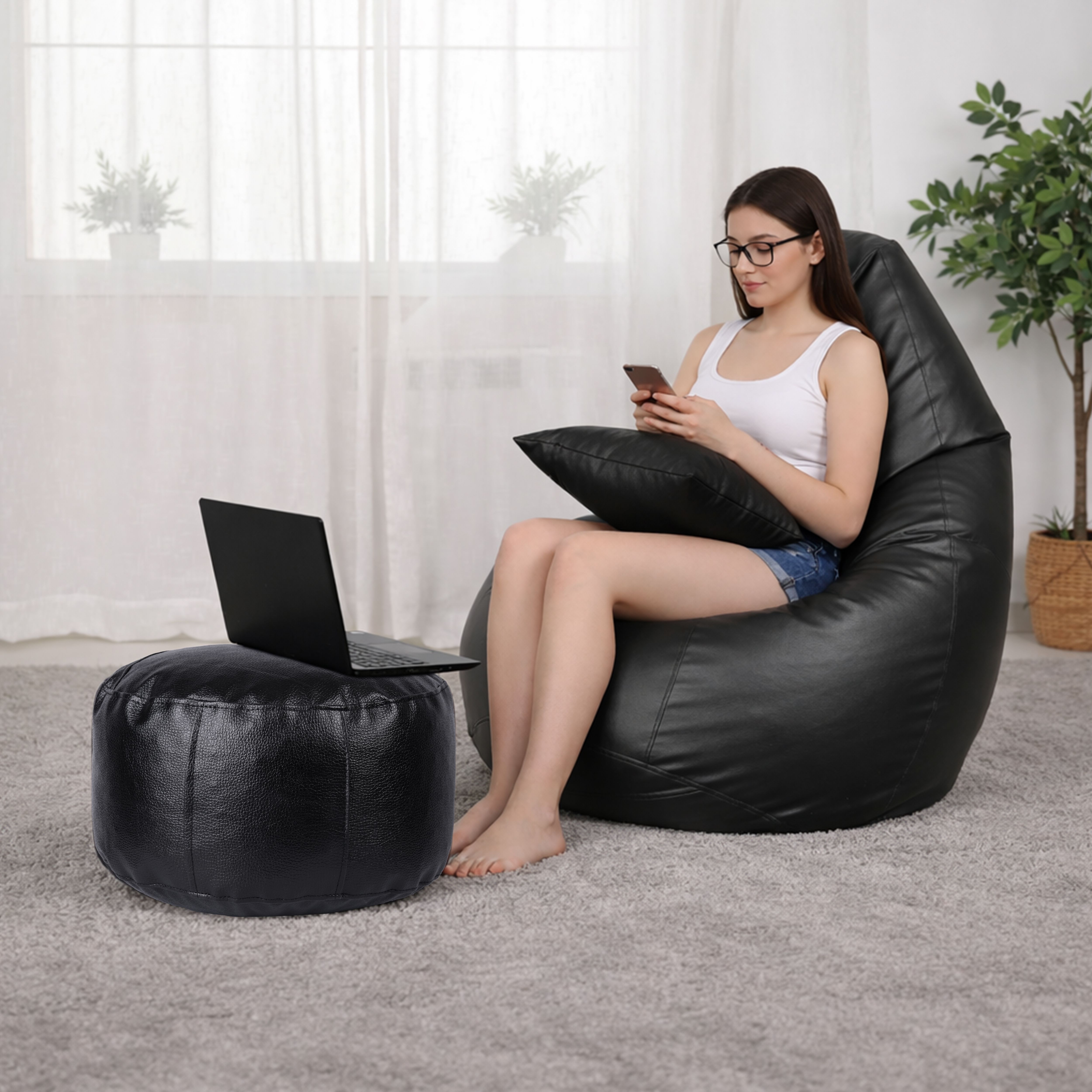 flipkart perfect homes studio Jumbo Bean Bag with Footstool & Cushion | Faux Leather Teardrop Bean Bag With Bean Filling-picture-33