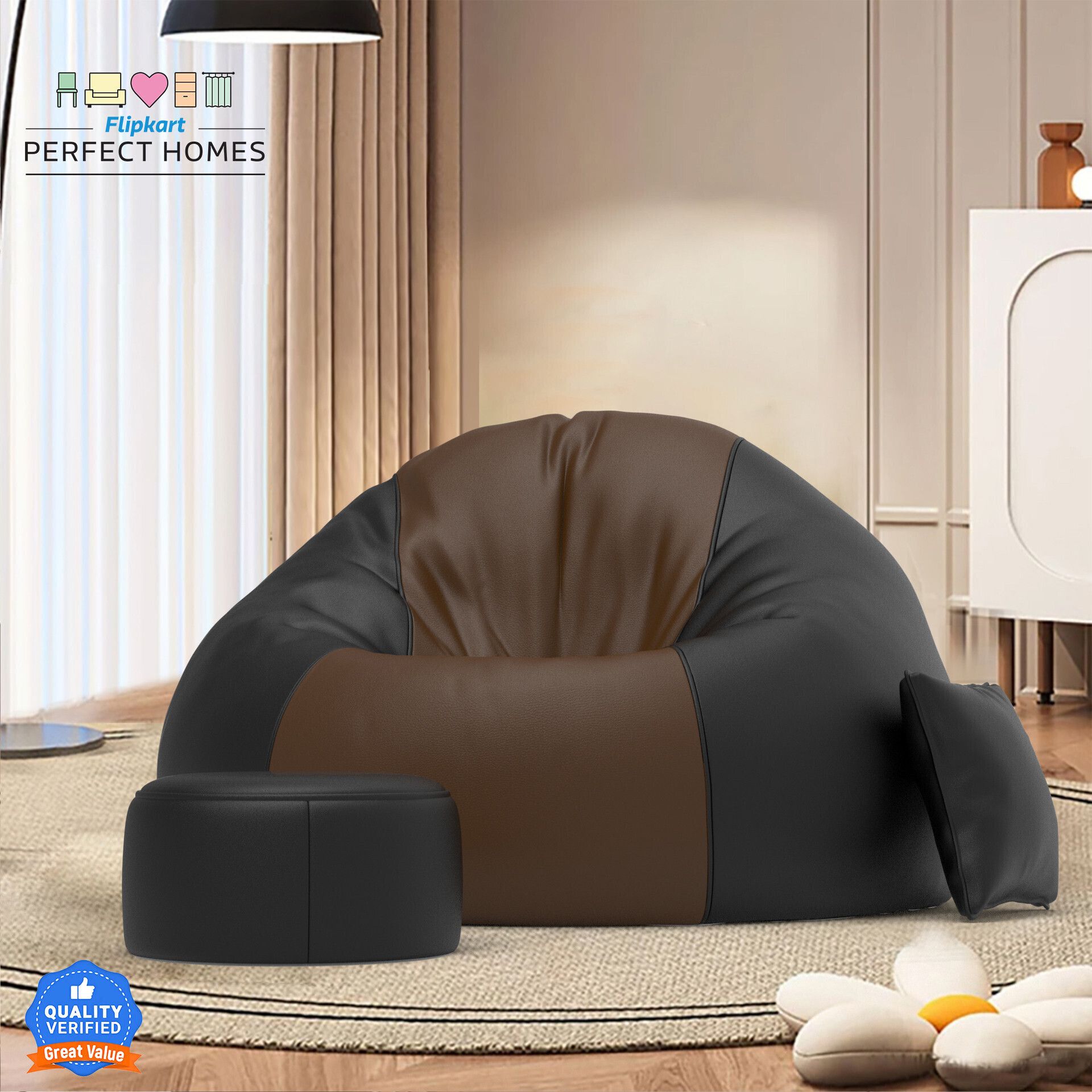 4XL FluffCloud Sofa With Free Cushion and Puffy , Brown::Black Teardrop Bean Bag With Bean Filling-image-47