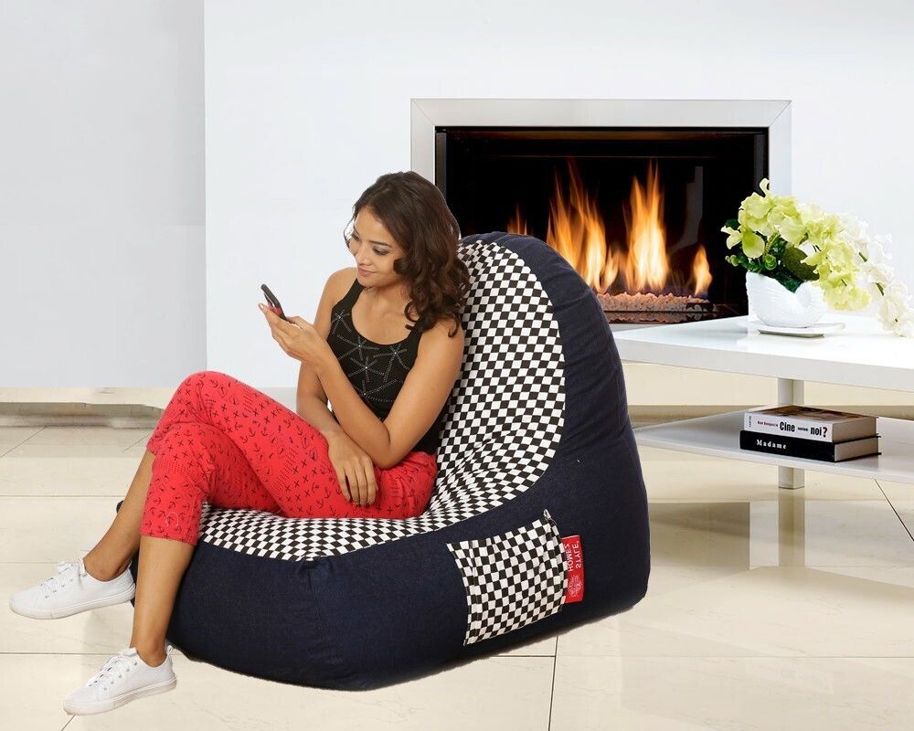 style homez XXL Cotton Canvas Checker-ed Printed Bean Bag ChairWith Bean Filling-picture-23