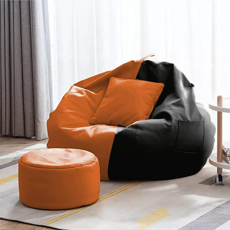 4XL Bean Bag with Footrest & Cushion Ready to Use with Beans ( Orange::Black-4XL) Bean Bag SofaWith Bean Filling