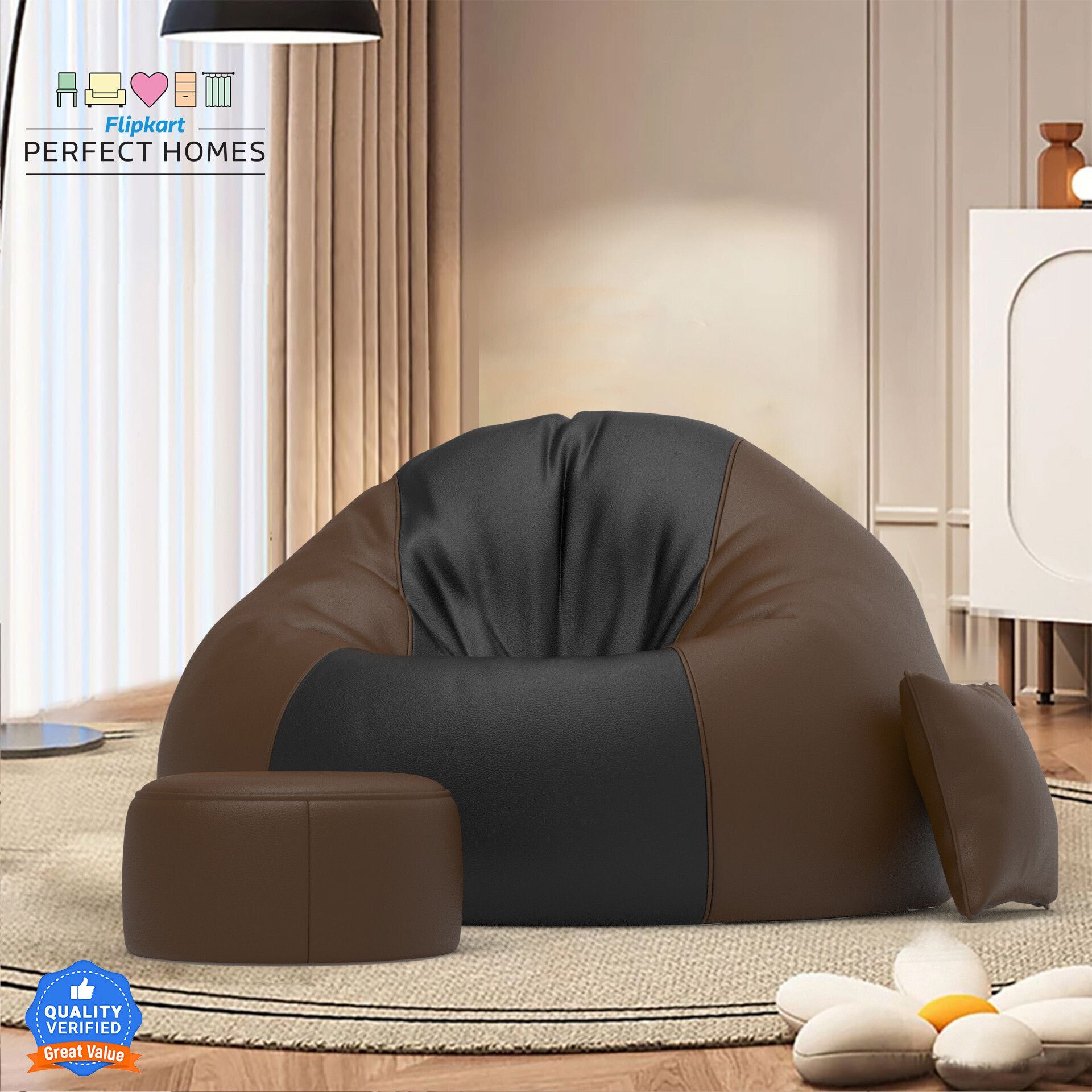4XL FluffCloud Sofa With Free Cushion and Puffy , Black::Brown Teardrop Bean BagWith Bean Filling-image-2