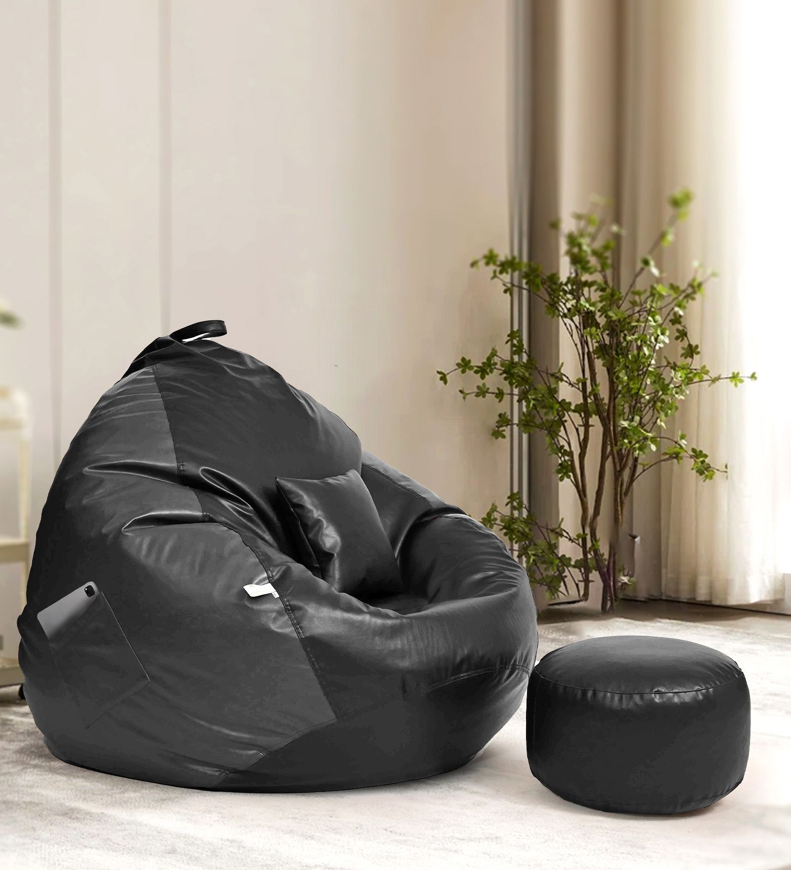 mintwud from pepperfry XXXL Squivo Leatherette BeanBag Filled with Bean With Footrest In Black & Grey Color Bean Bag Sofa With Bean Filling-picture-12