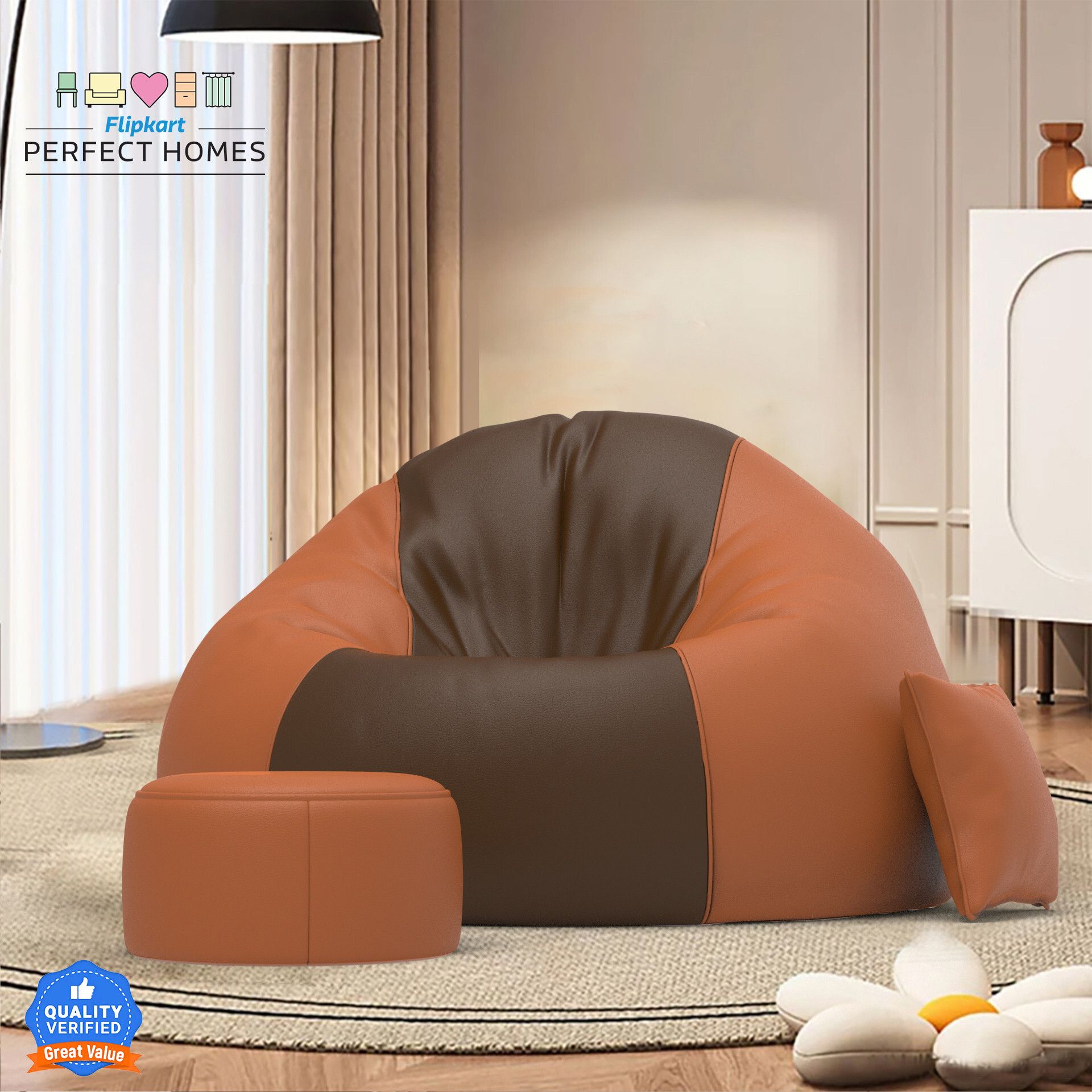 4XL FluffCloud Sofa With Free Cushion and Puffy , Tan-Brown::Brown Teardrop Bean Bag With Bean Filling-image-47