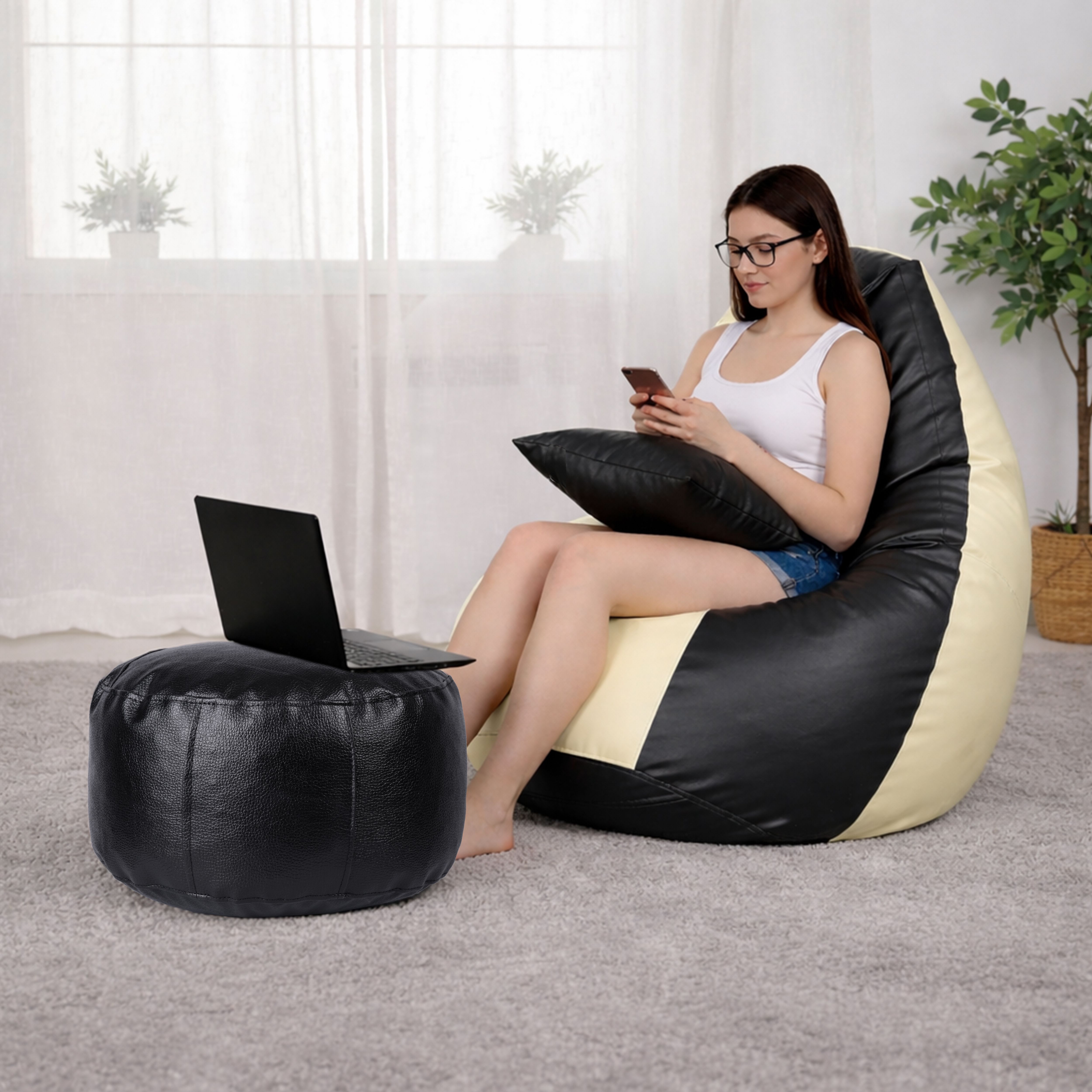 flipkart perfect homes studio Jumbo Bean Bag with Footstool & Cushion | Faux Leather Teardrop Bean Bag With Bean Filling-picture-38