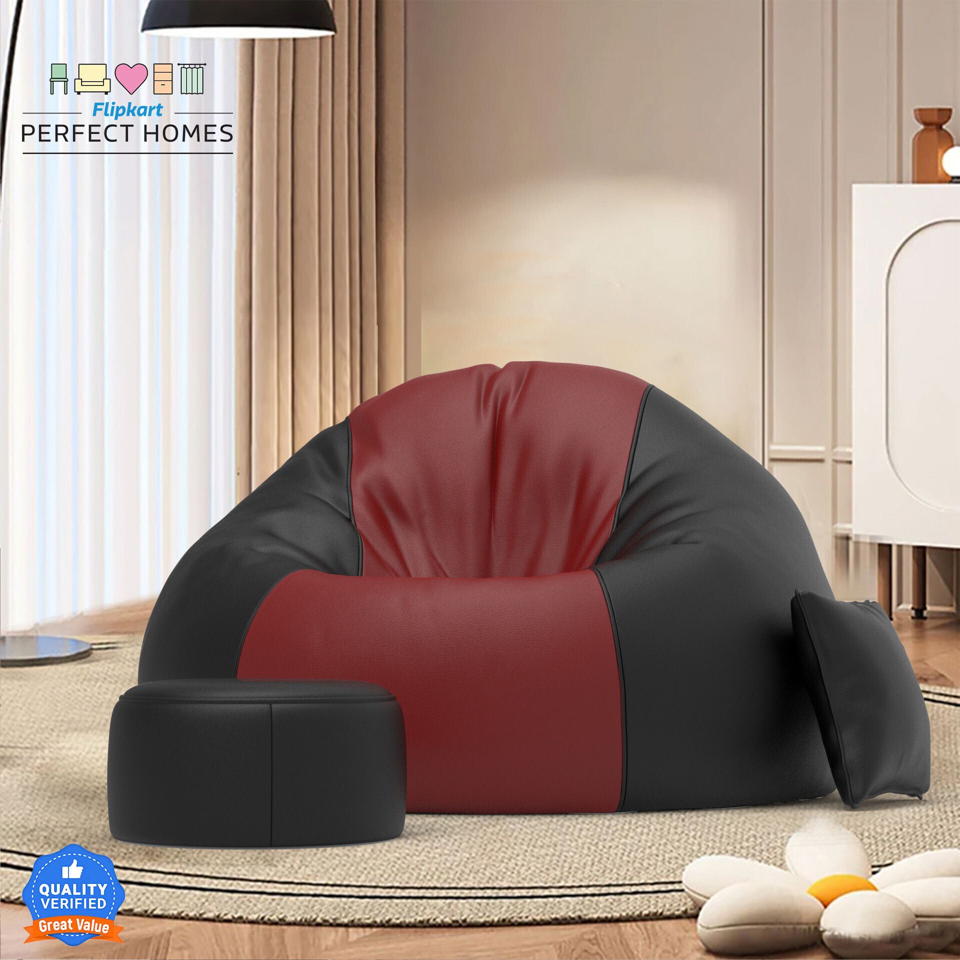 4XL FluffCloud Sofa With Free Cushion and Puffy , Maroon::Black Teardrop Bean BagWith Bean Filling