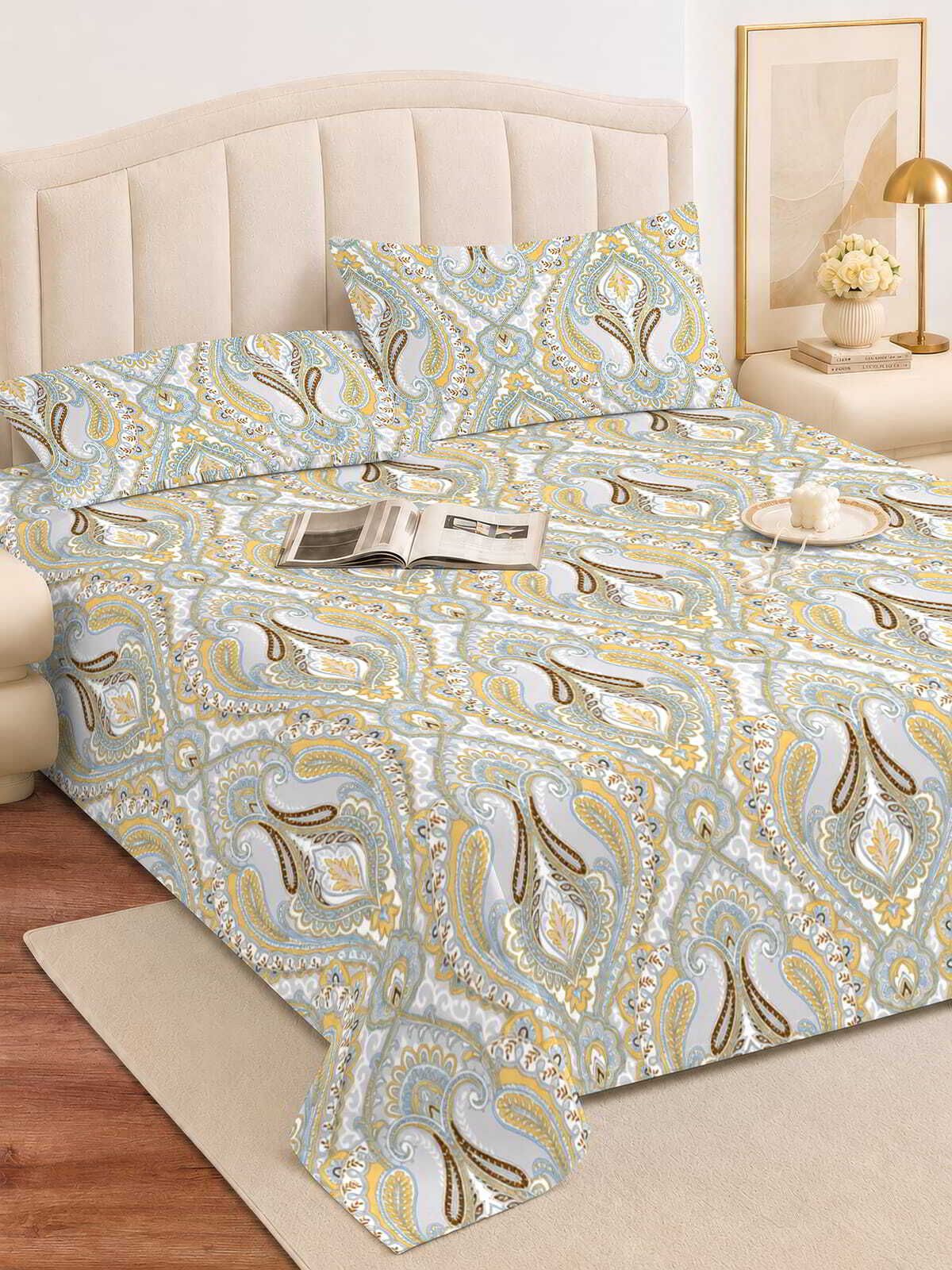 romee Microfiber Queen Flat 180 TC Paisley 1 Bedsheet with 2 Pillow Covers-picture-0