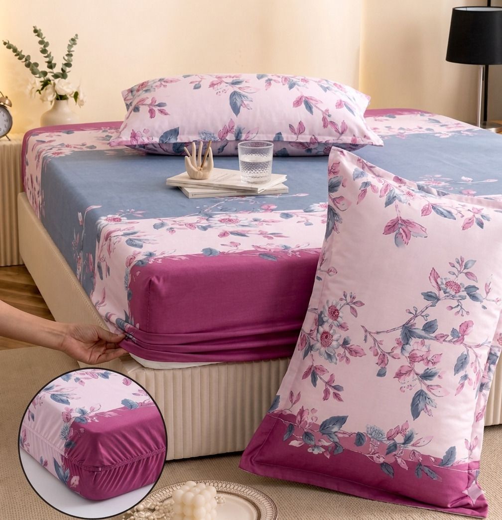 Cotton King Fitted (Elastic) 242 TC Printed 1 Summer Bedsheet with 2 Pillow Covers-image-49