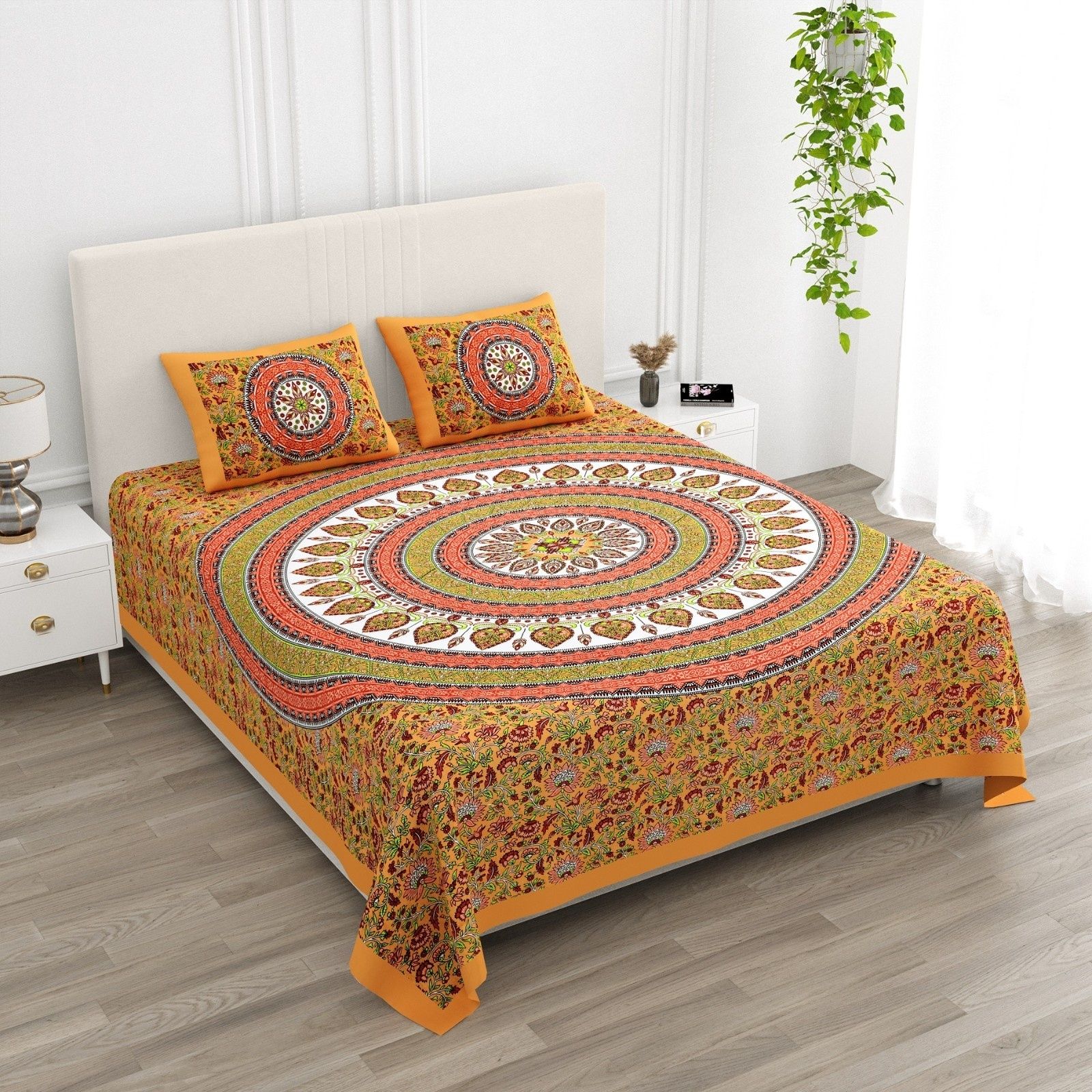 rachanaexport Cotton Queen Flat 144 TC Jaipuri Prints 1 AC Bedsheet with 2 Pillow Covers-picture-32