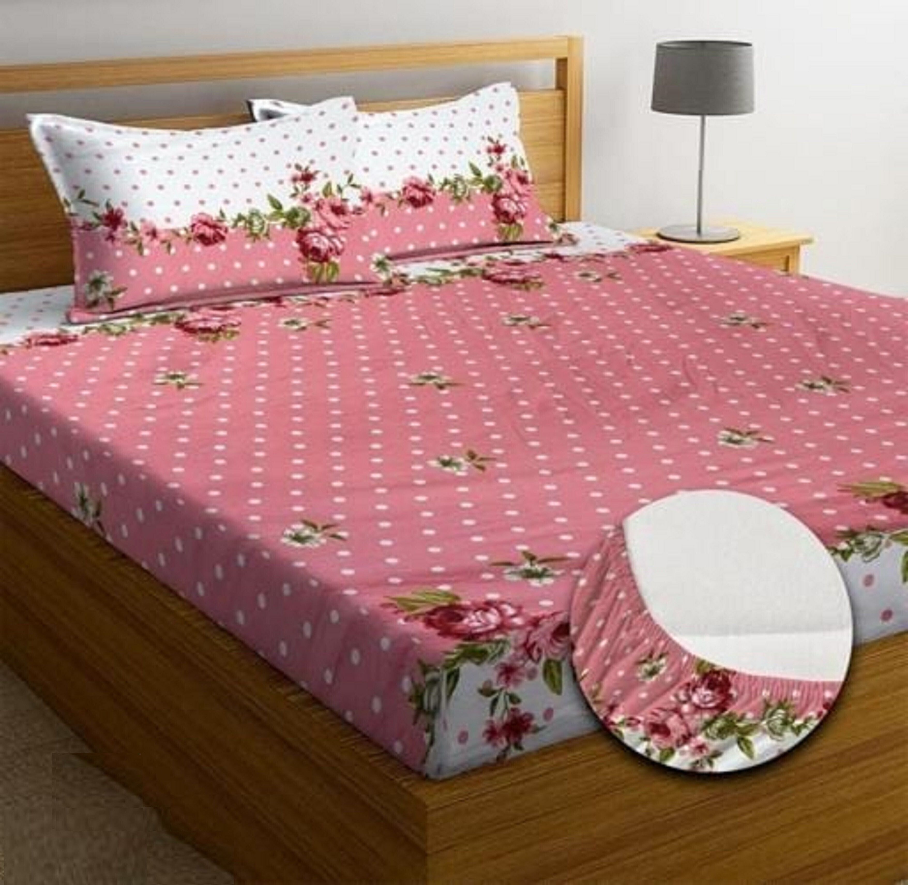 Cotton Queen Fitted (Elastic) 320 TC Printed 1 Bedsheet with 2 Pillow Covers-image-37
